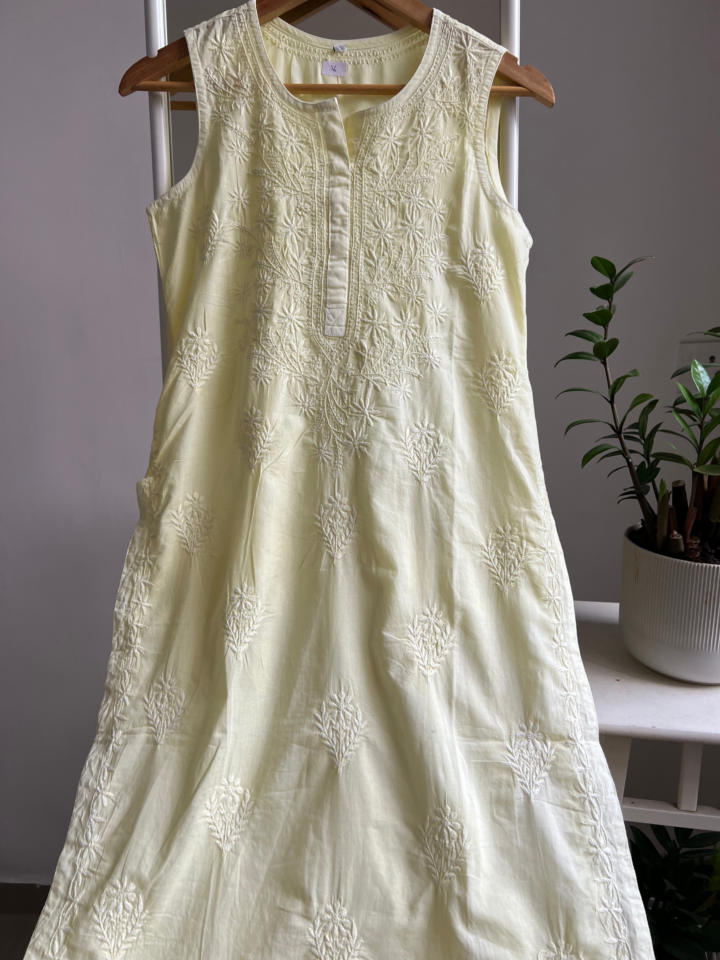 Mul Cotton Sleevless Chikankari Kurti - Lemon Yellow ARIAA CHIKANKARI