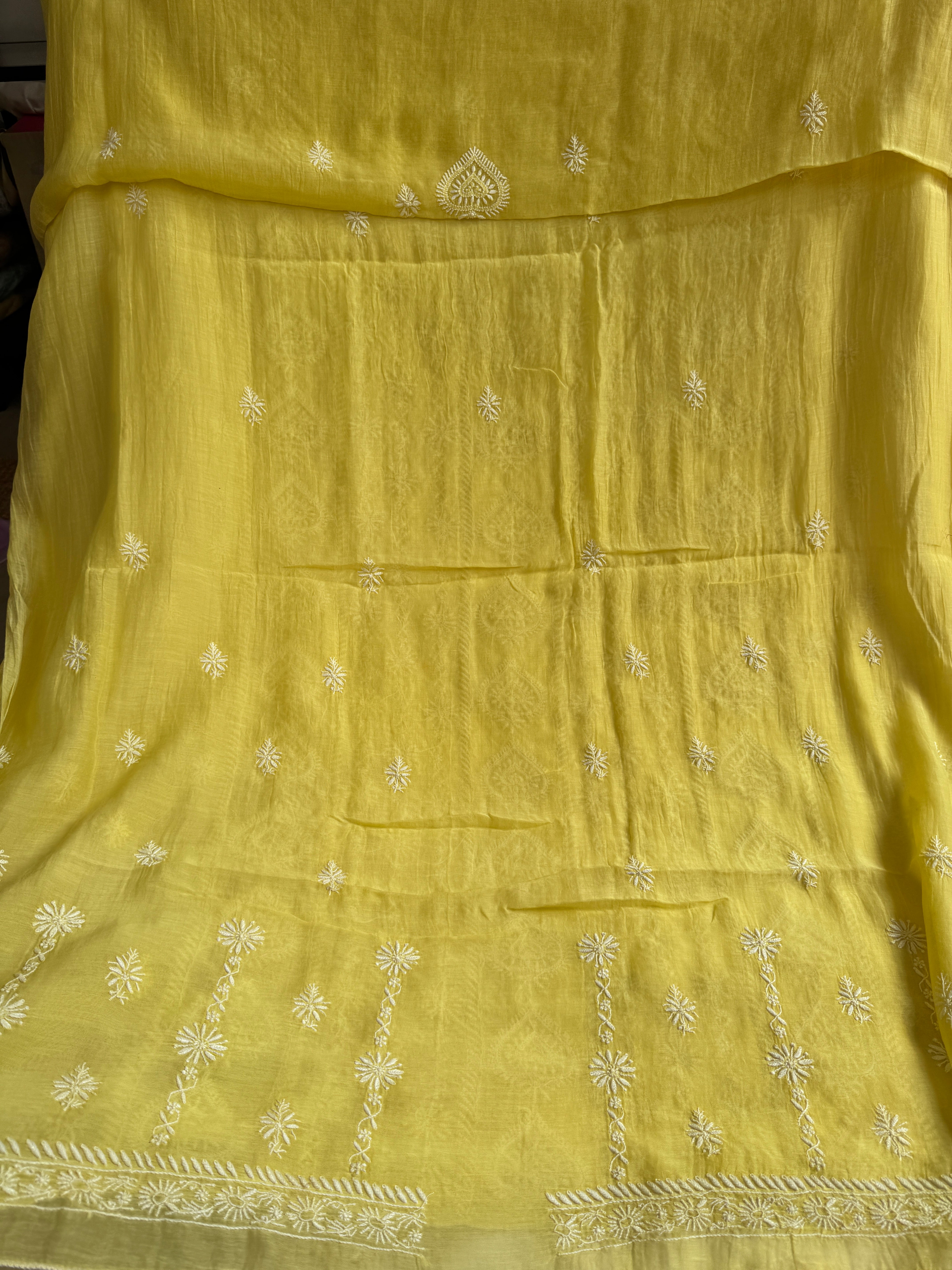 Mul Chanderi Chikankari Unstitched Length with Dupatta - Yellow