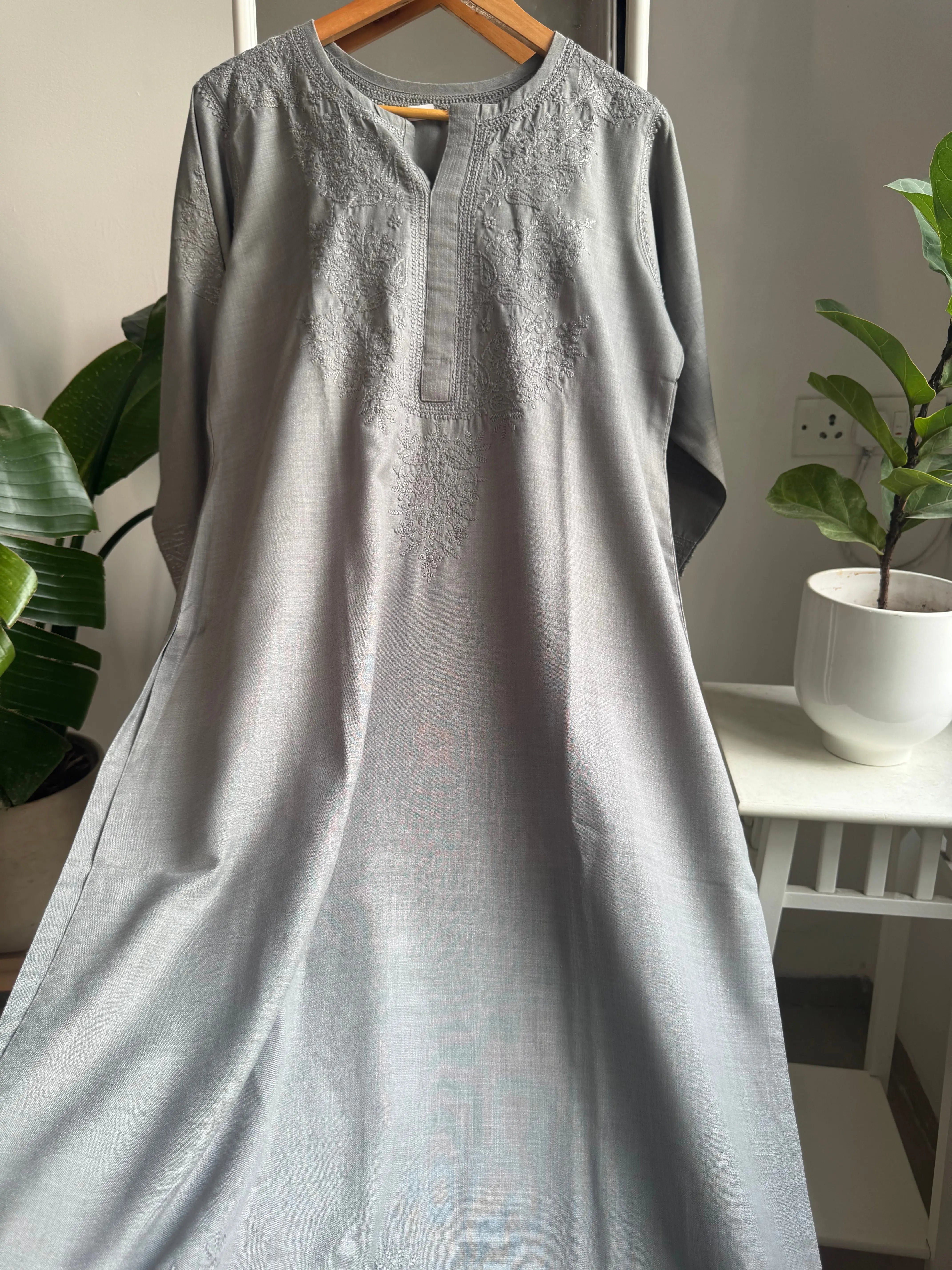 Thick Cotton Chikankari Kurti - Grey ARIAA CHIKANKARI