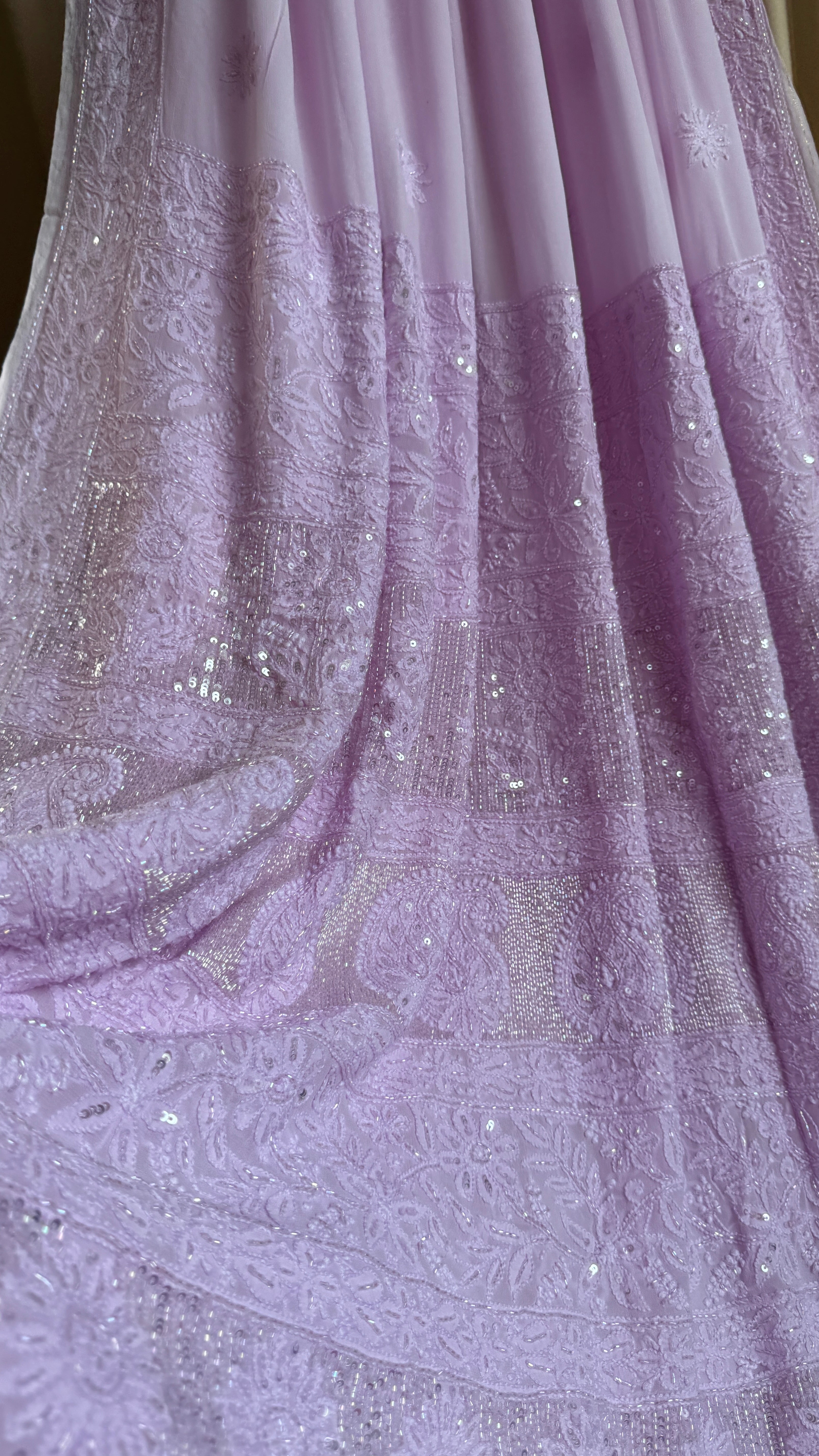 Viscose Lilac Chikankari saree with Pearl embellishments