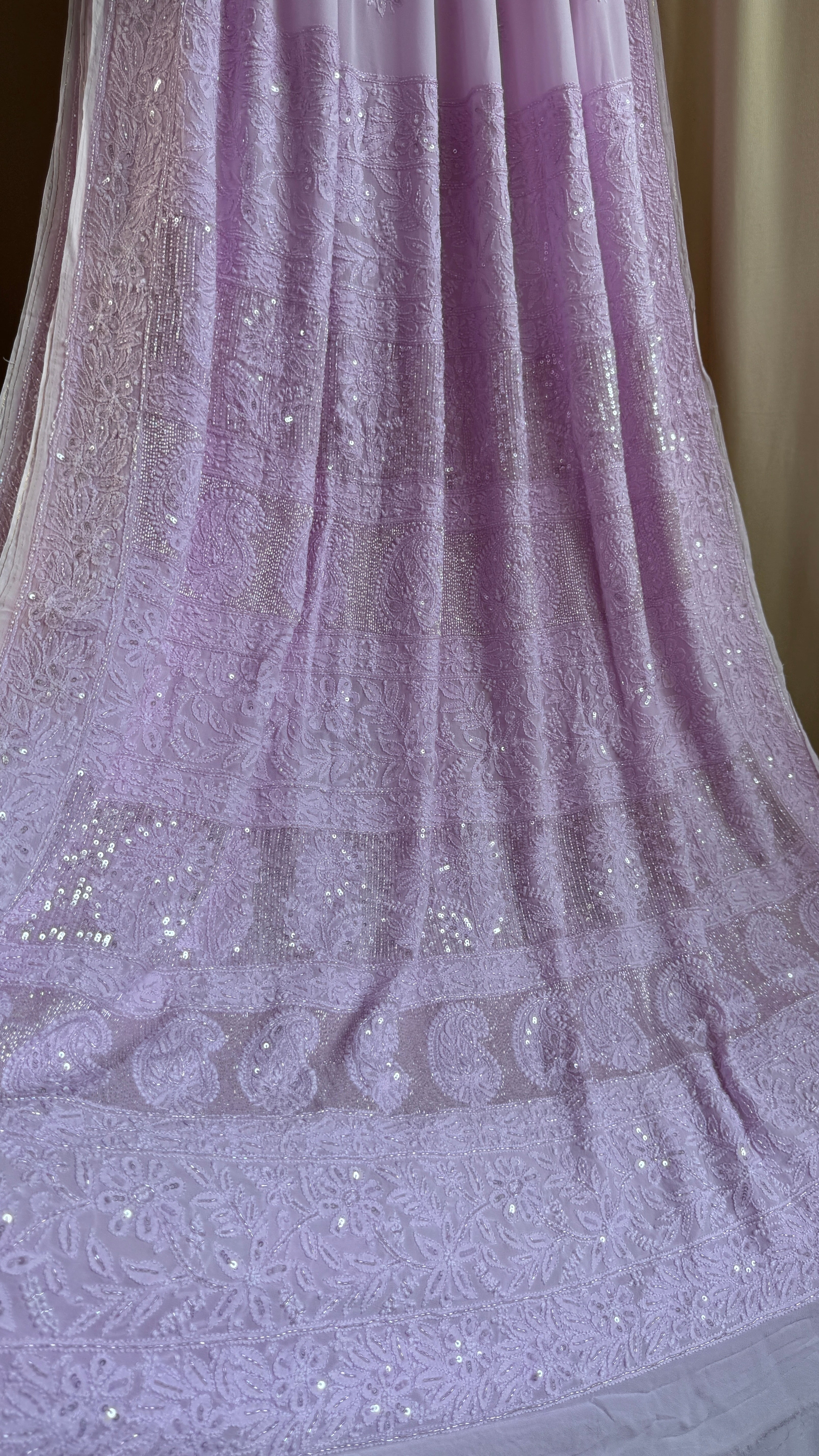 Viscose Lilac Chikankari saree with Pearl embellishments