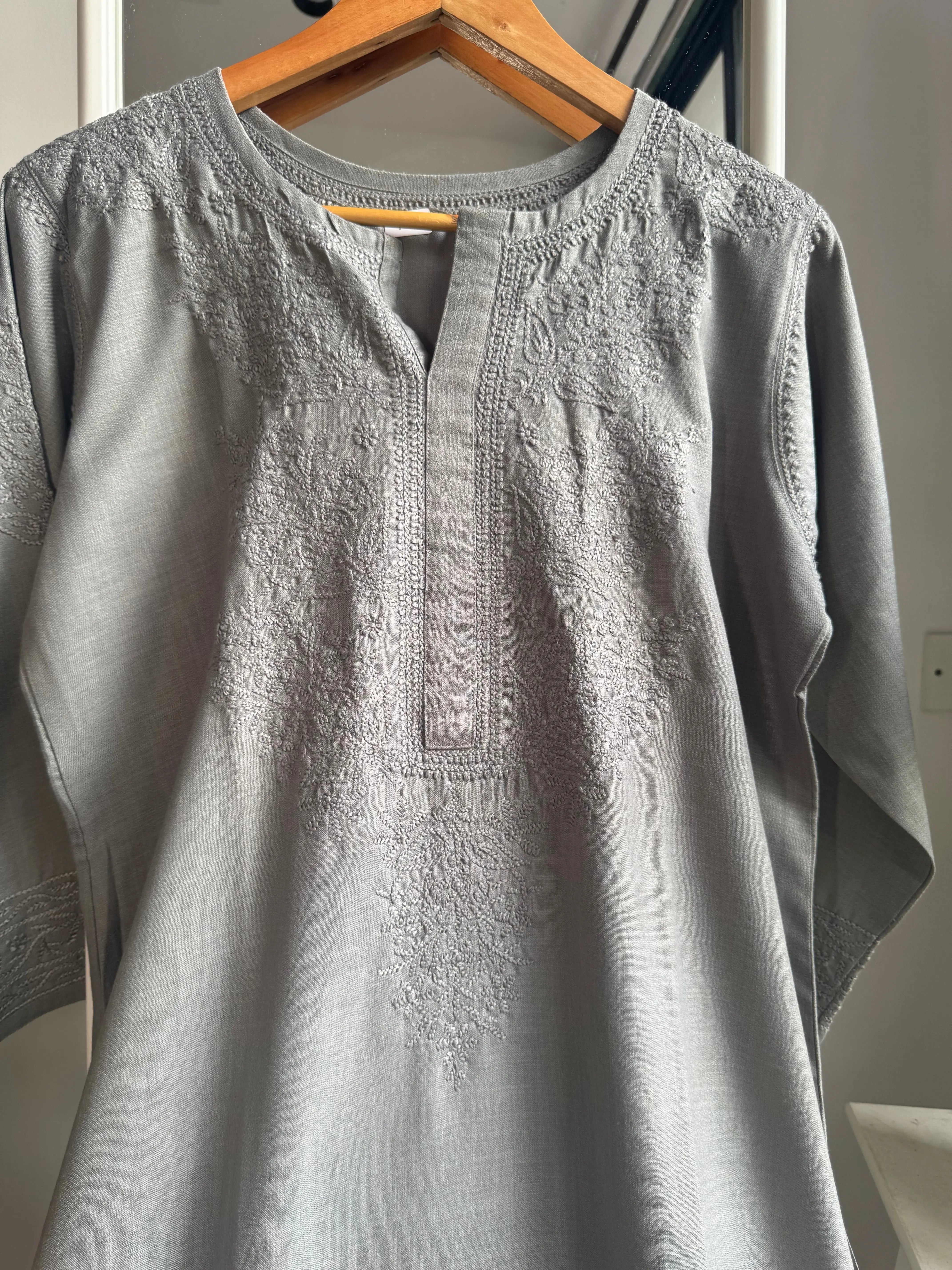 Thick Cotton Chikankari Kurti - Grey ARIAA CHIKANKARI