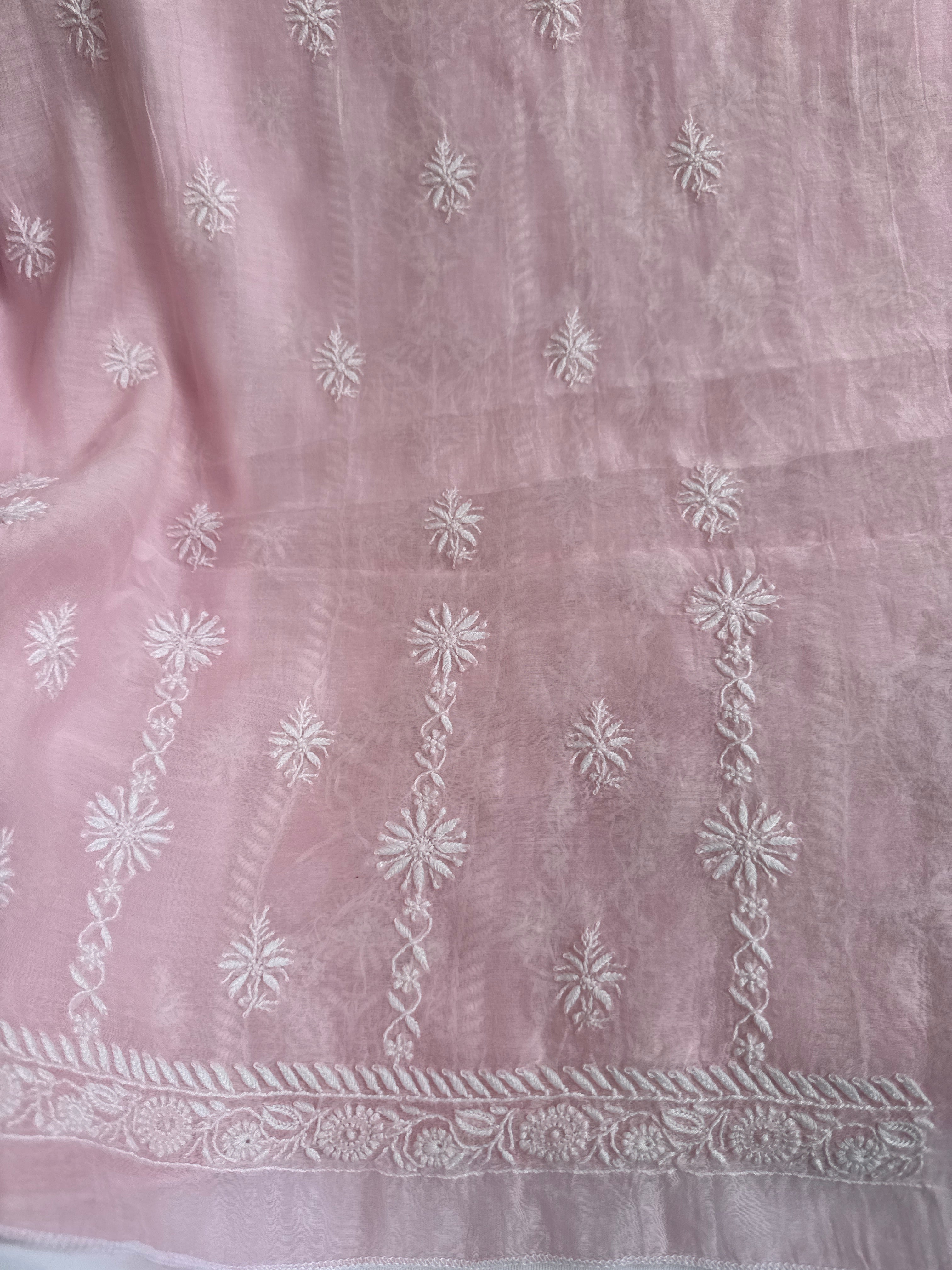 Mul Chanderi Chikankari Unstitched Length with Dupatta - Pink