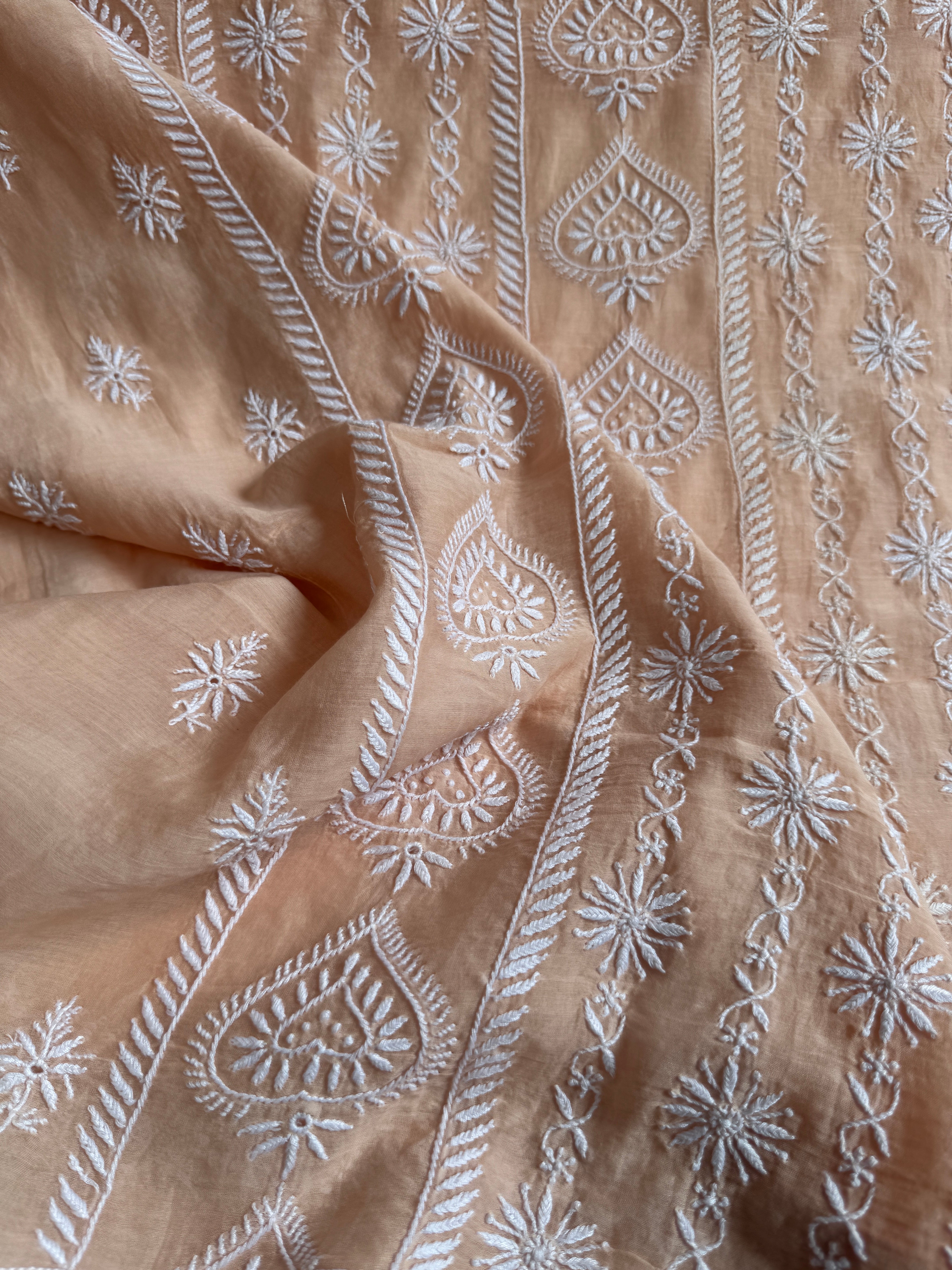 Mul Chanderi Chikankari Unstitched Length with Dupatta - Beige