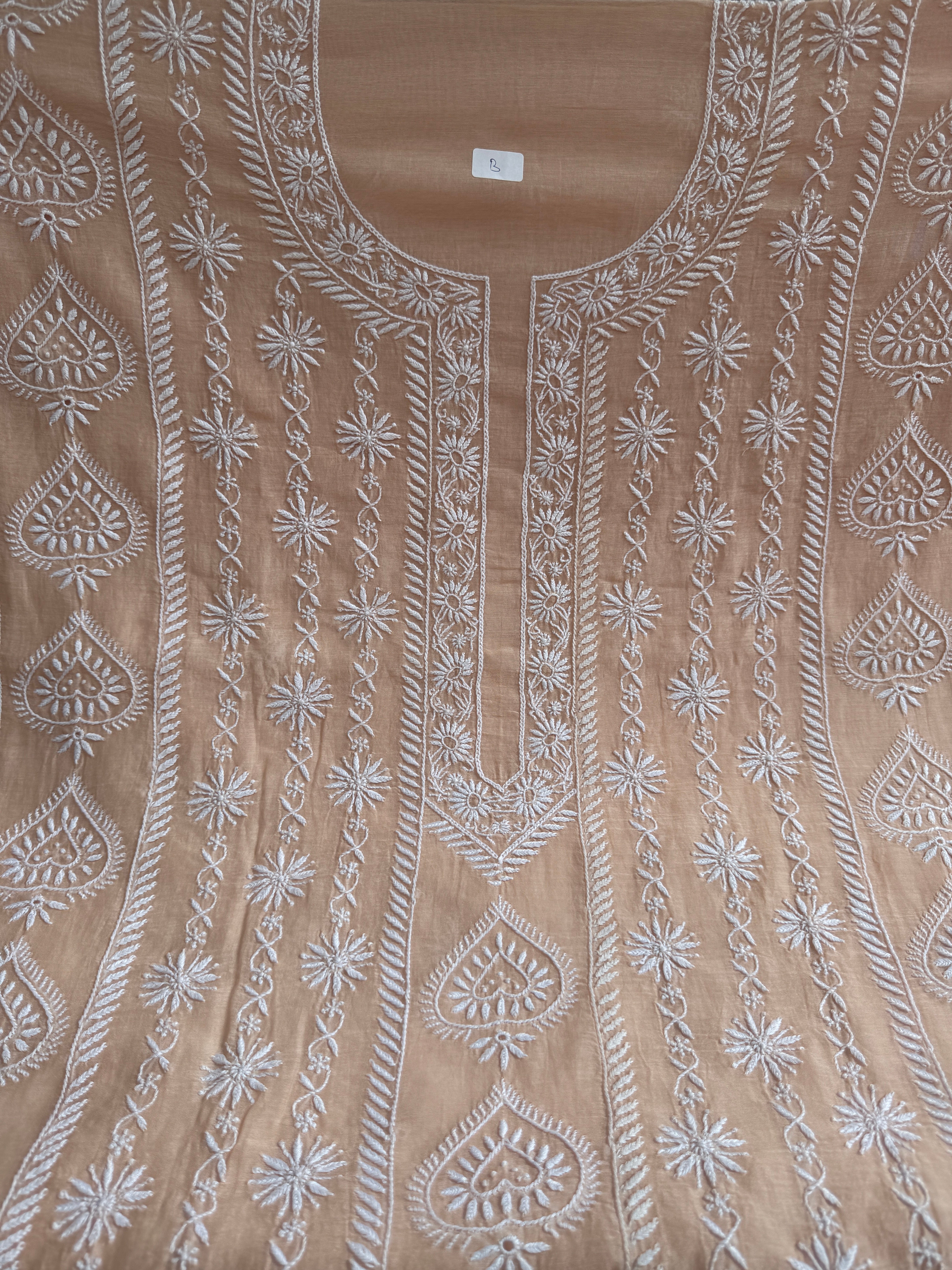 Mul Chanderi Chikankari Unstitched Length with Dupatta - Beige