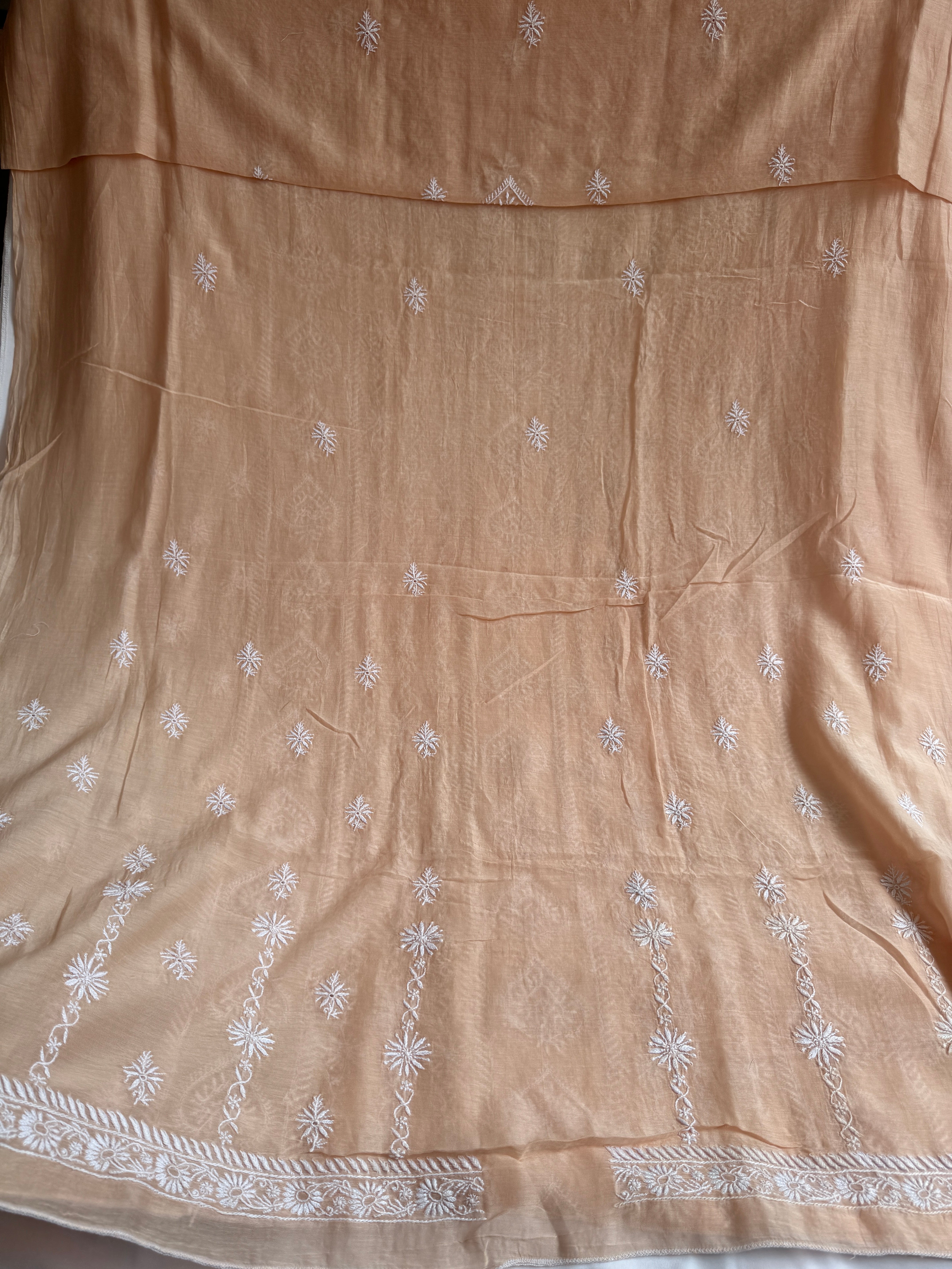 Mul Chanderi Chikankari Unstitched Length with Dupatta - Beige