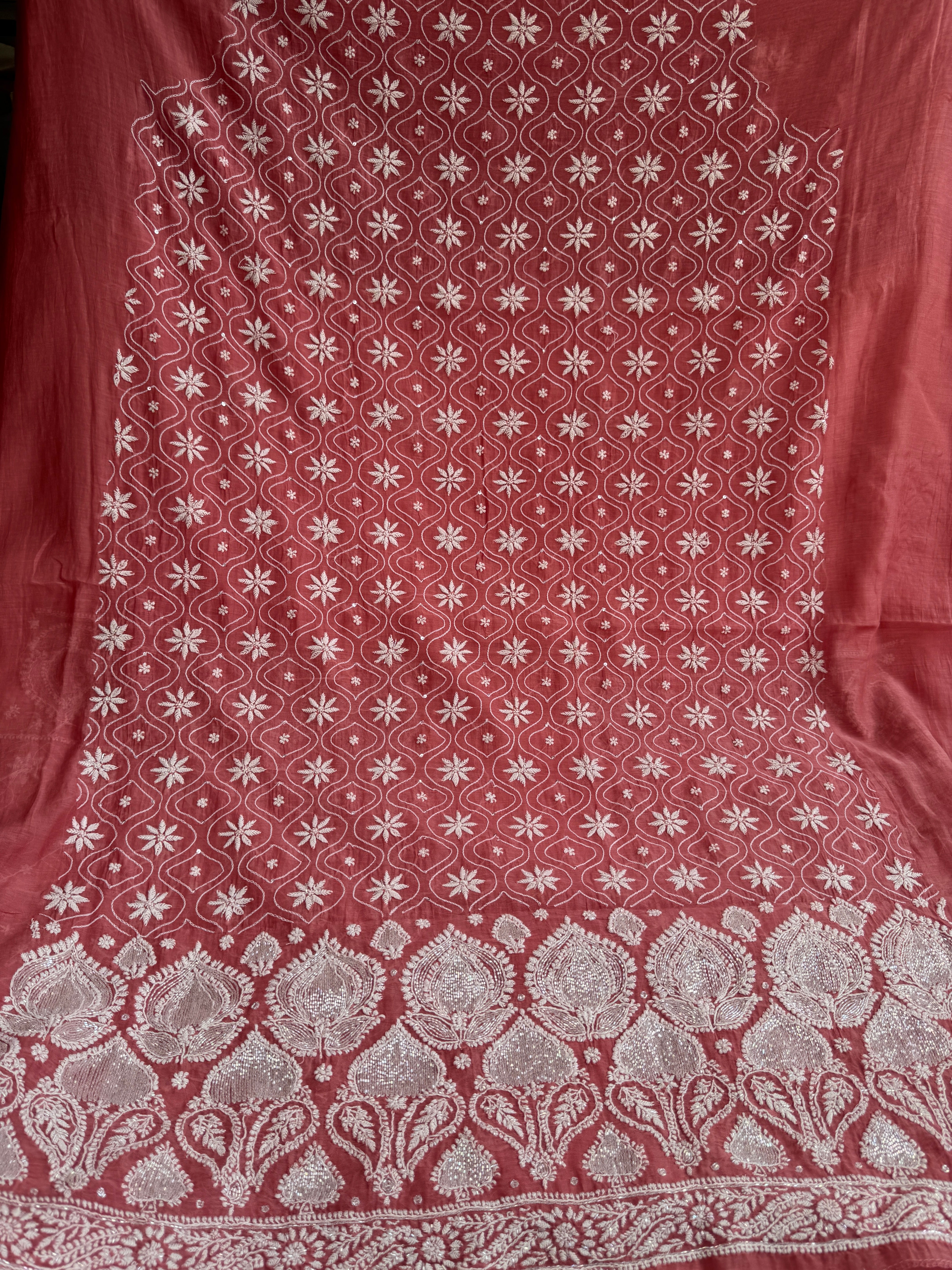 Mul Chanderi Chikankari - Unstitched Set - Rosewood