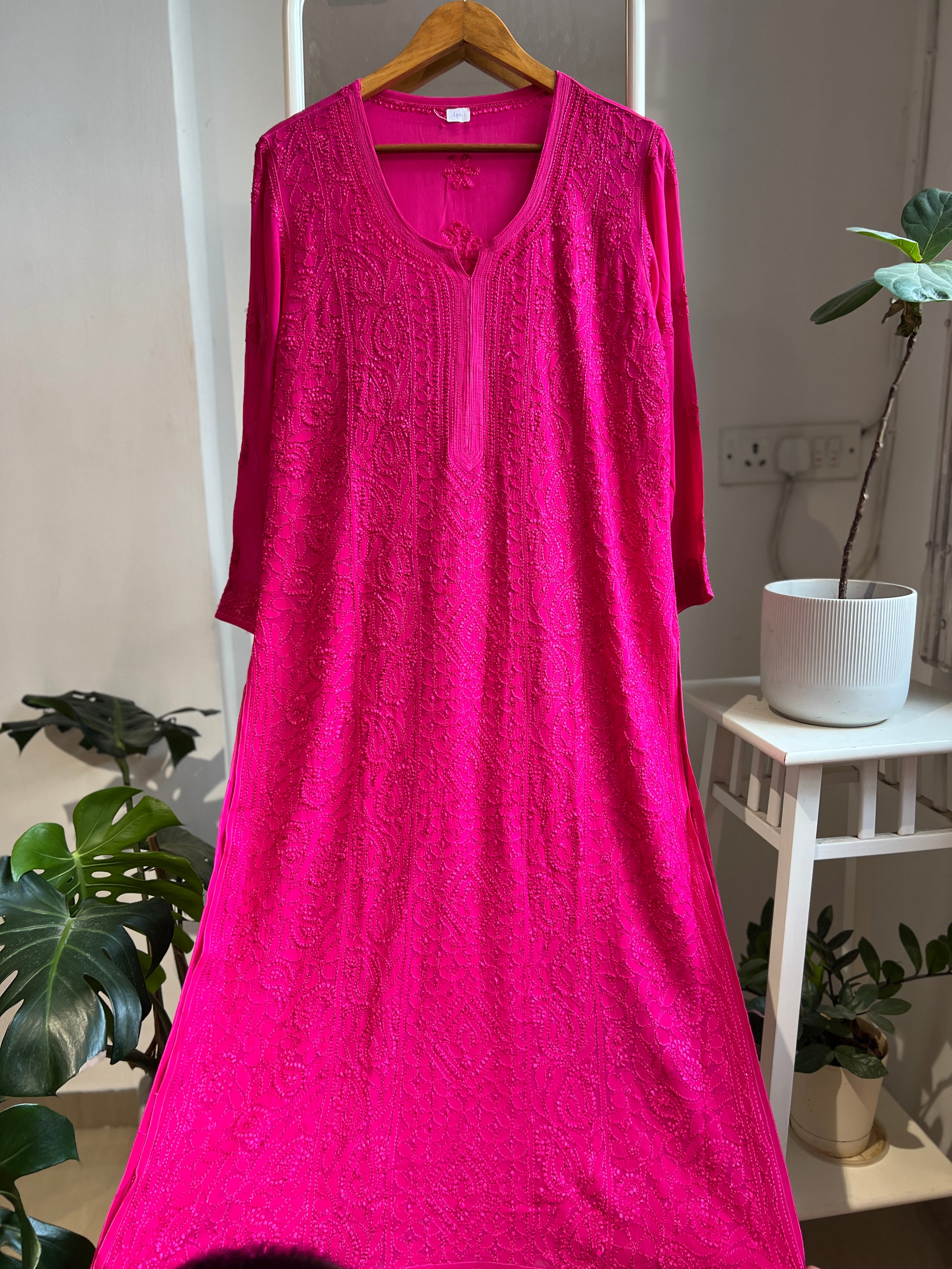 Viscose Chikankari Kurti - Hot Pink