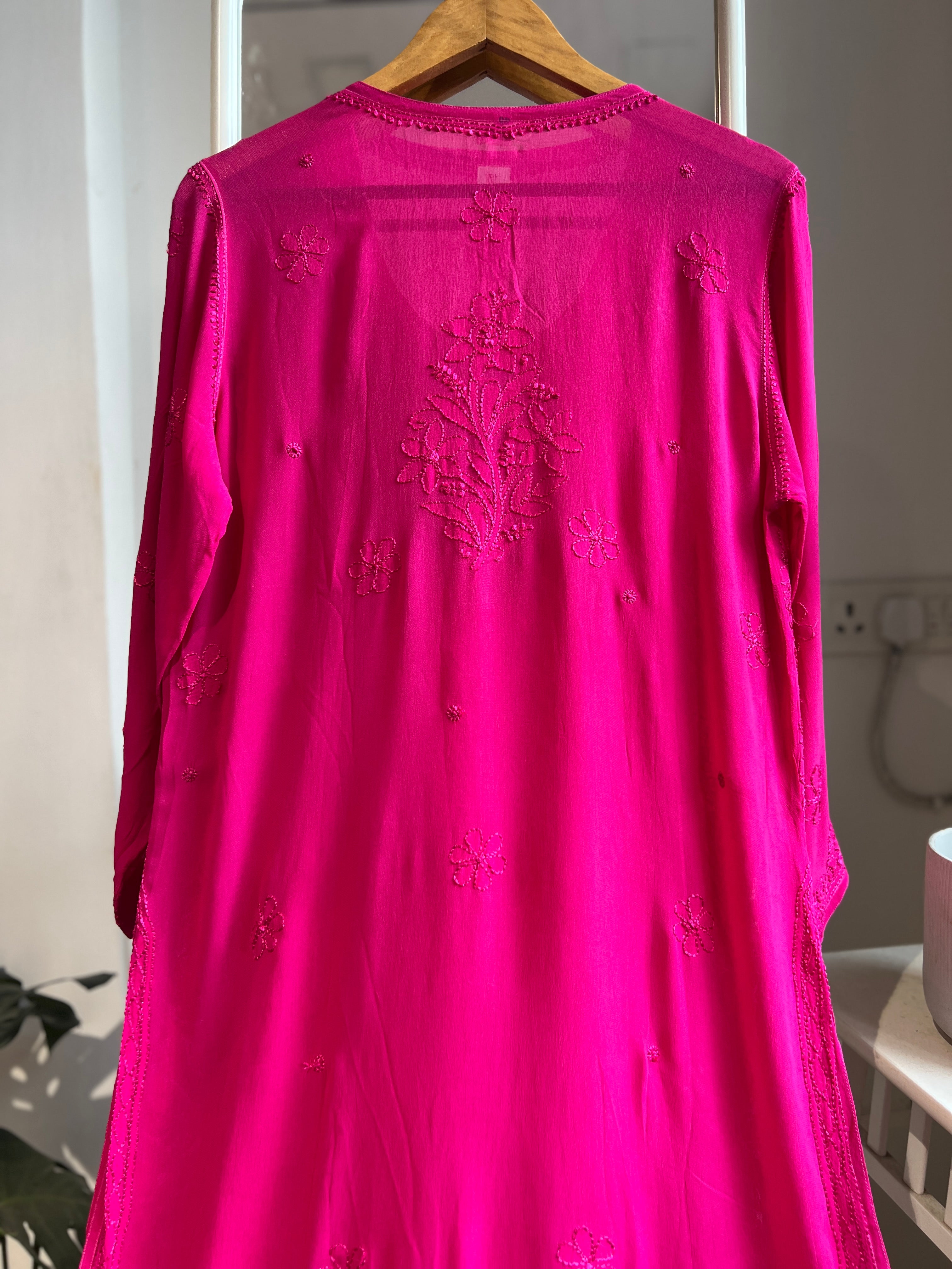 Viscose Chikankari Kurti - Hot Pink