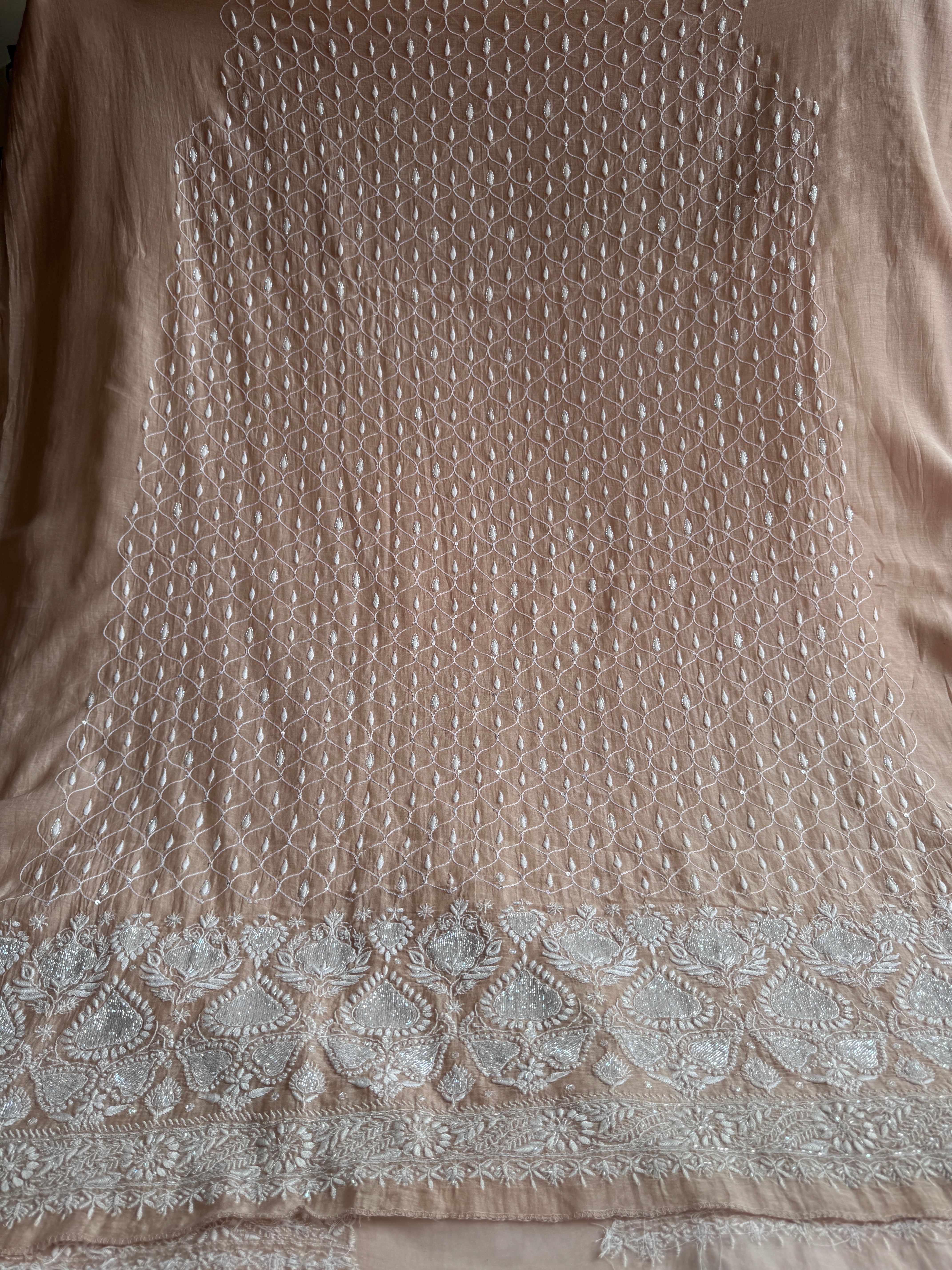 Mul Chanderi Chikankari - Unstitched Set - Beige
