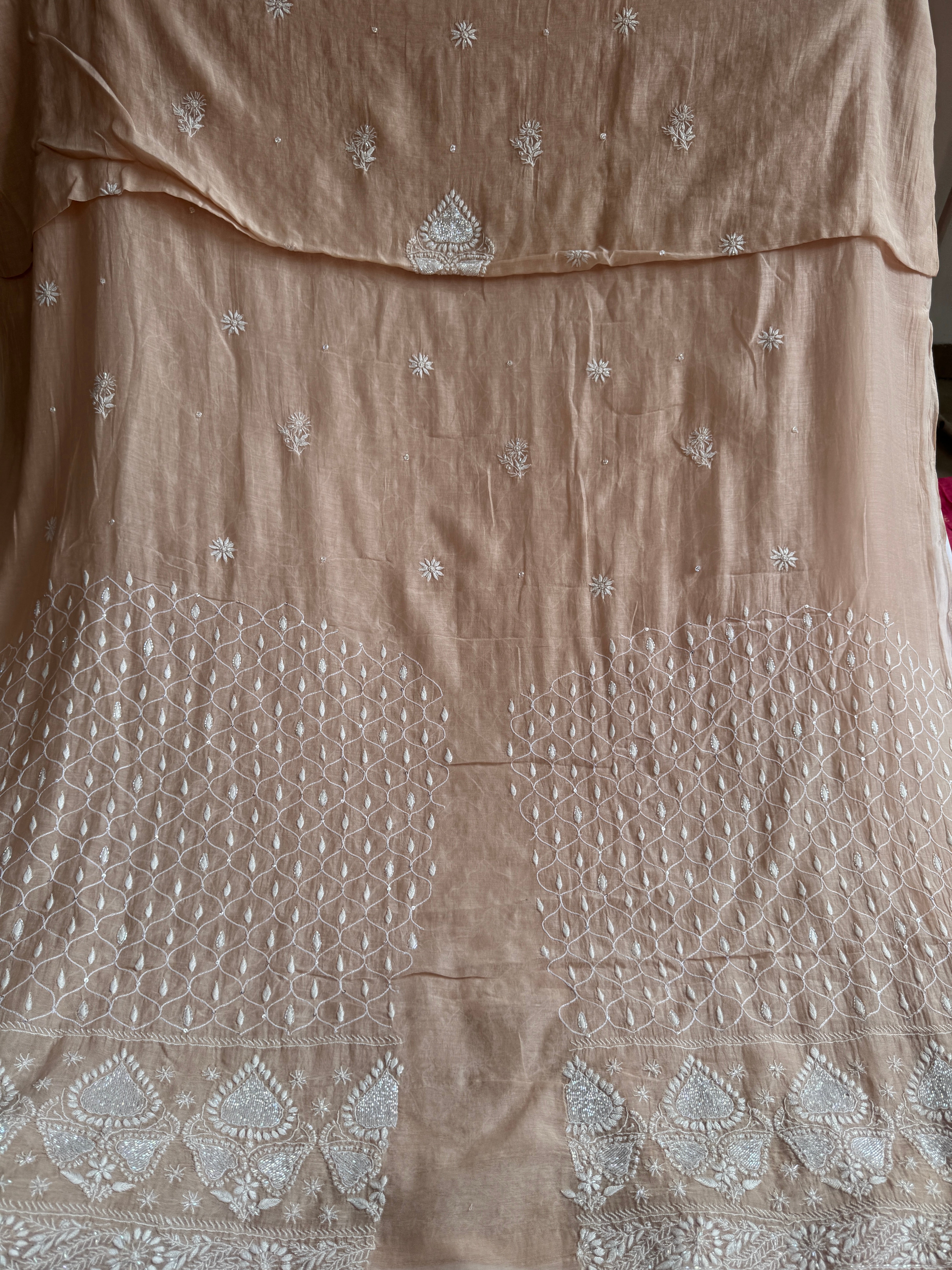 Mul Chanderi Chikankari - Unstitched Set - Beige