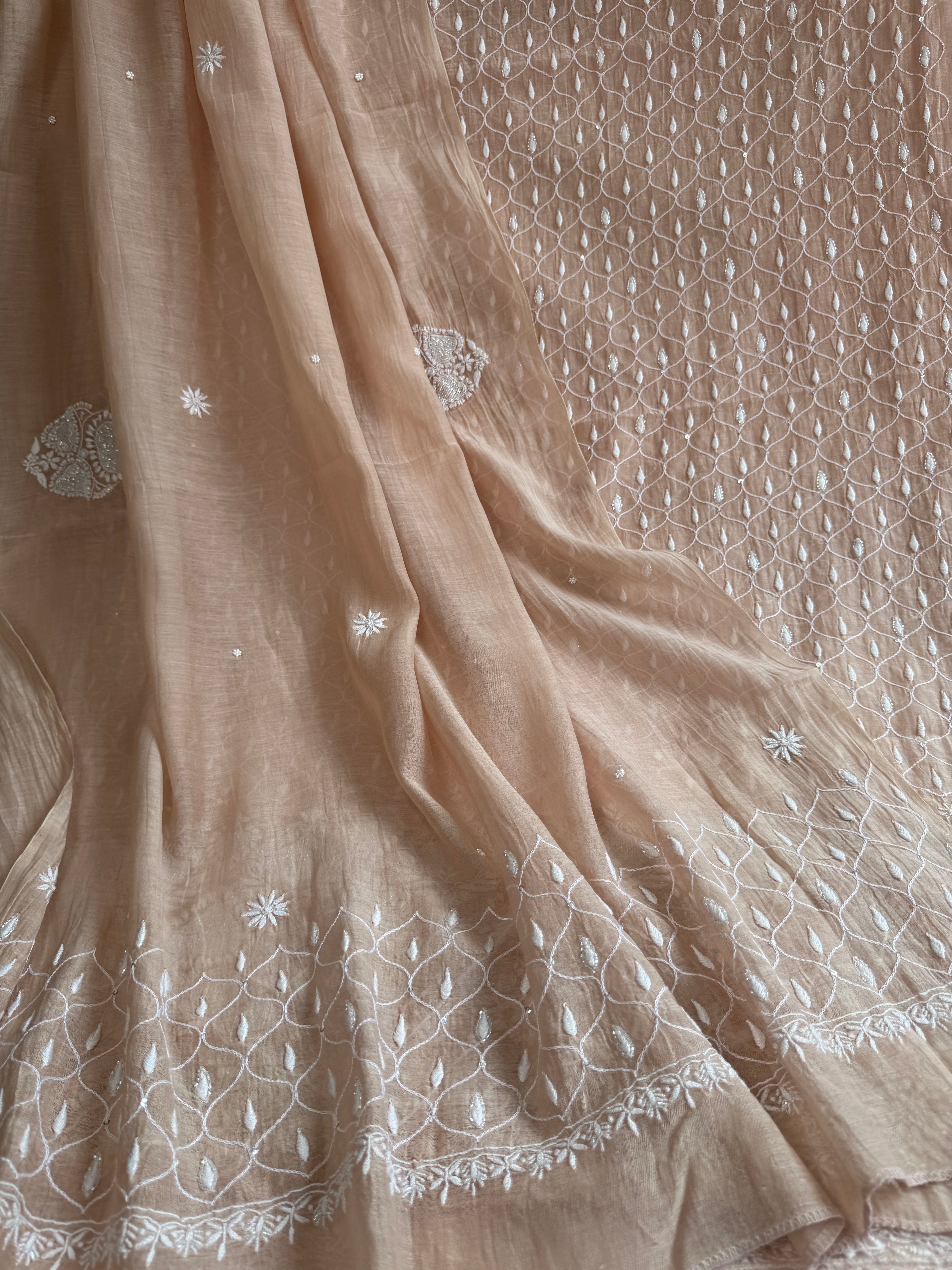 Mul Chanderi Chikankari - Unstitched Set - Beige