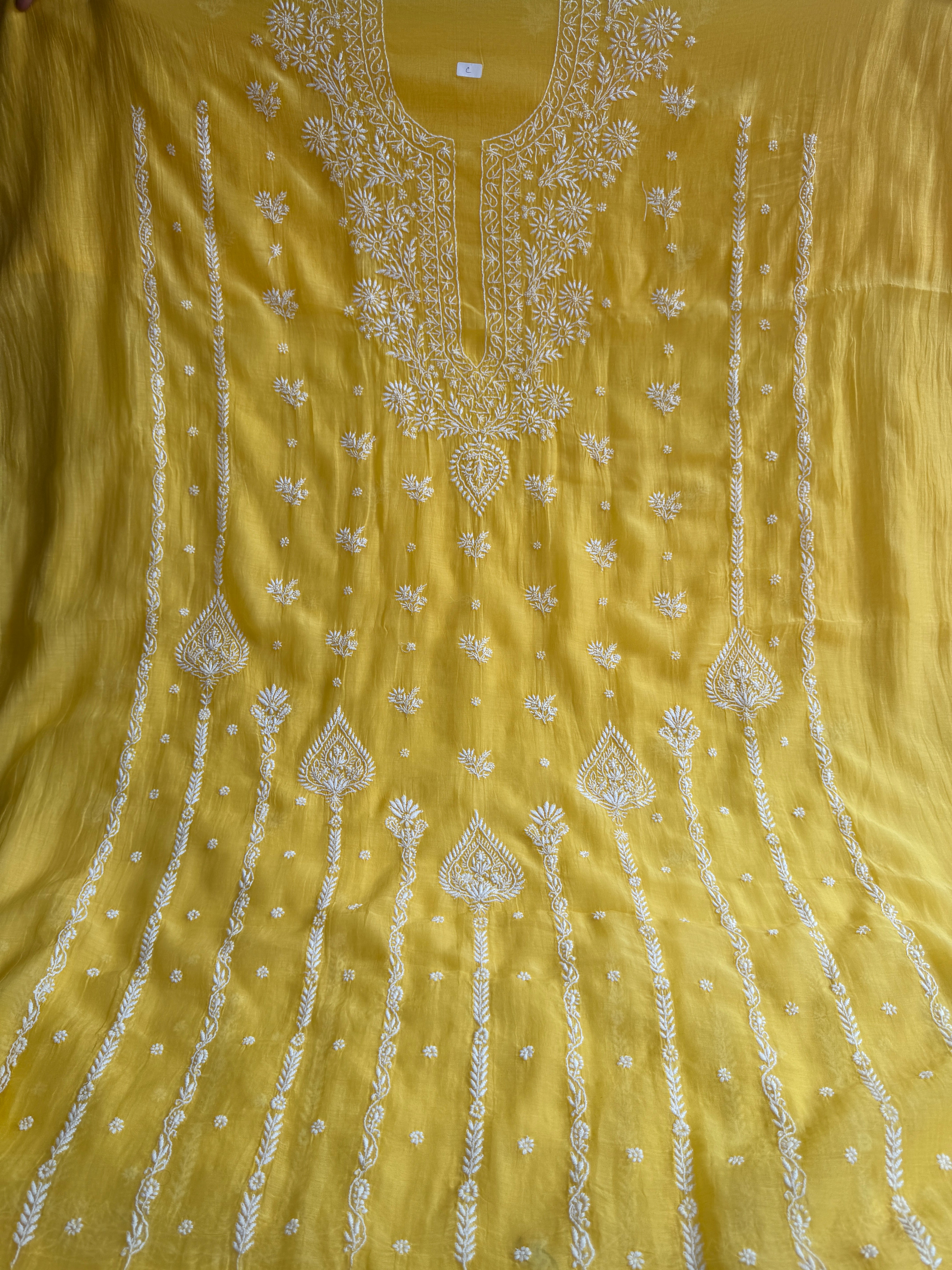 Mul Chanderi Chikankari Unstitched Length with Dupatta - Yellow