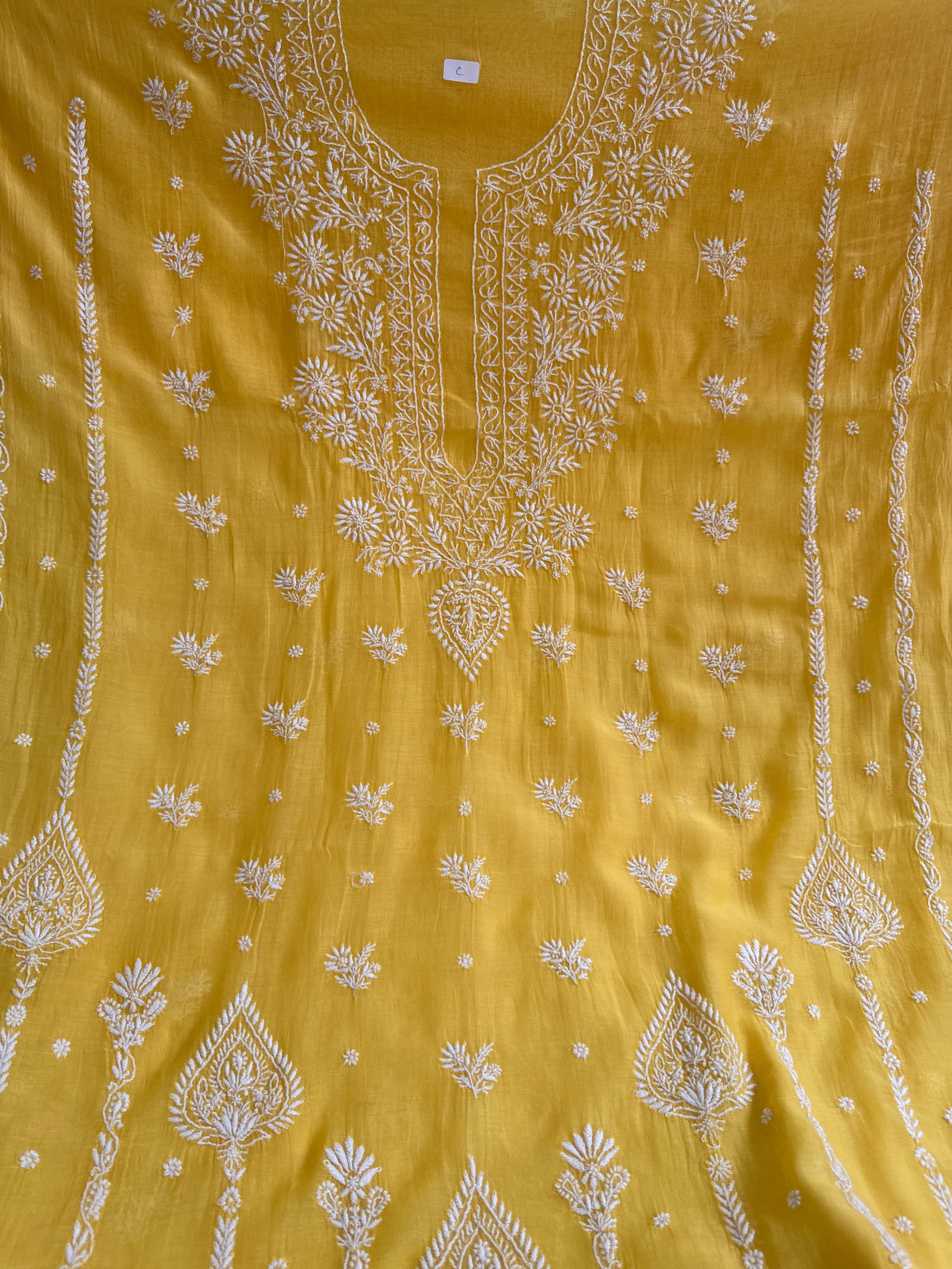 Mul Chanderi Chikankari Unstitched Length with Dupatta - Yellow
