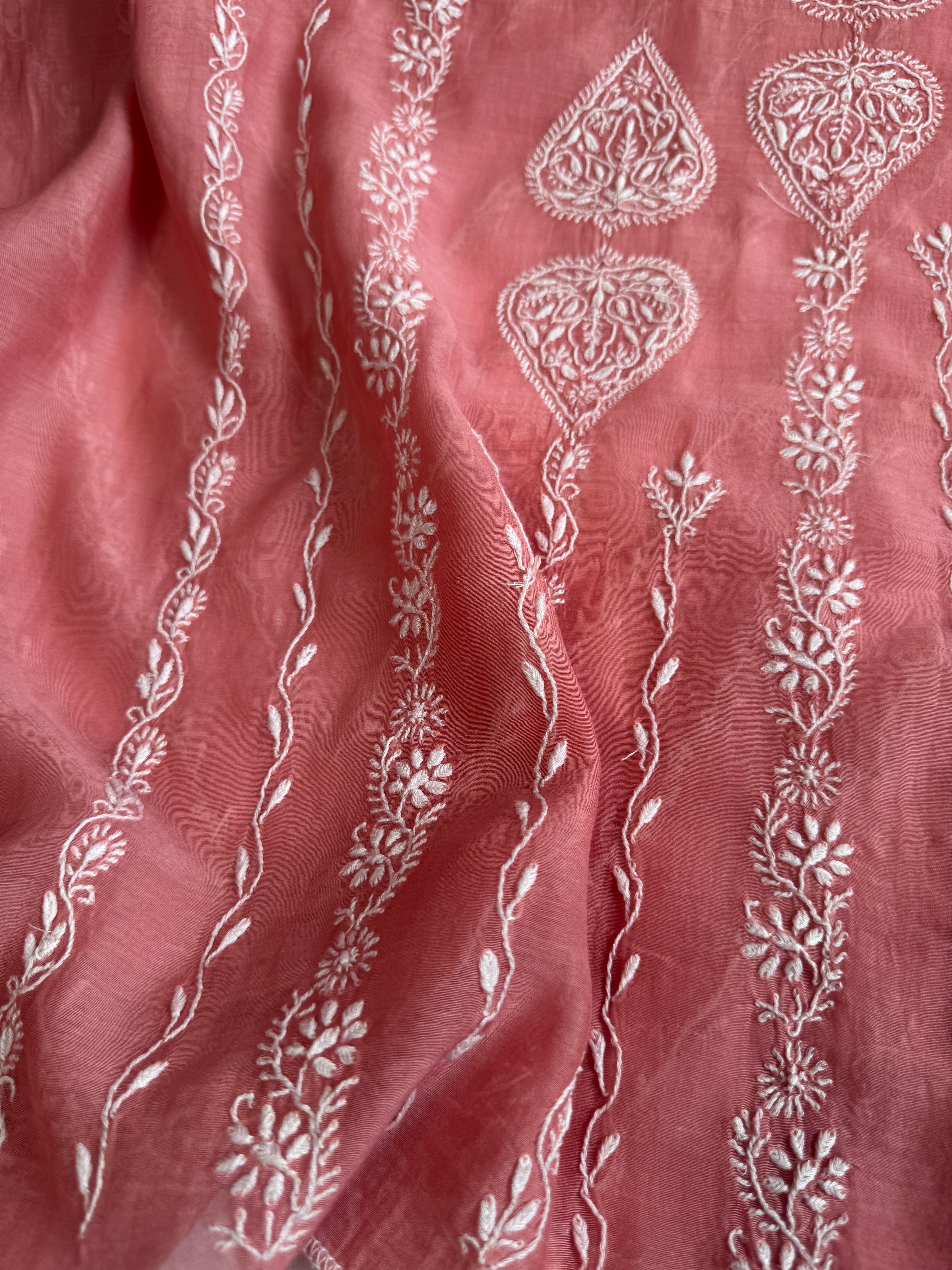 Mul Chanderi Chikankari Unstitched Length with Dupatta - Rosewood