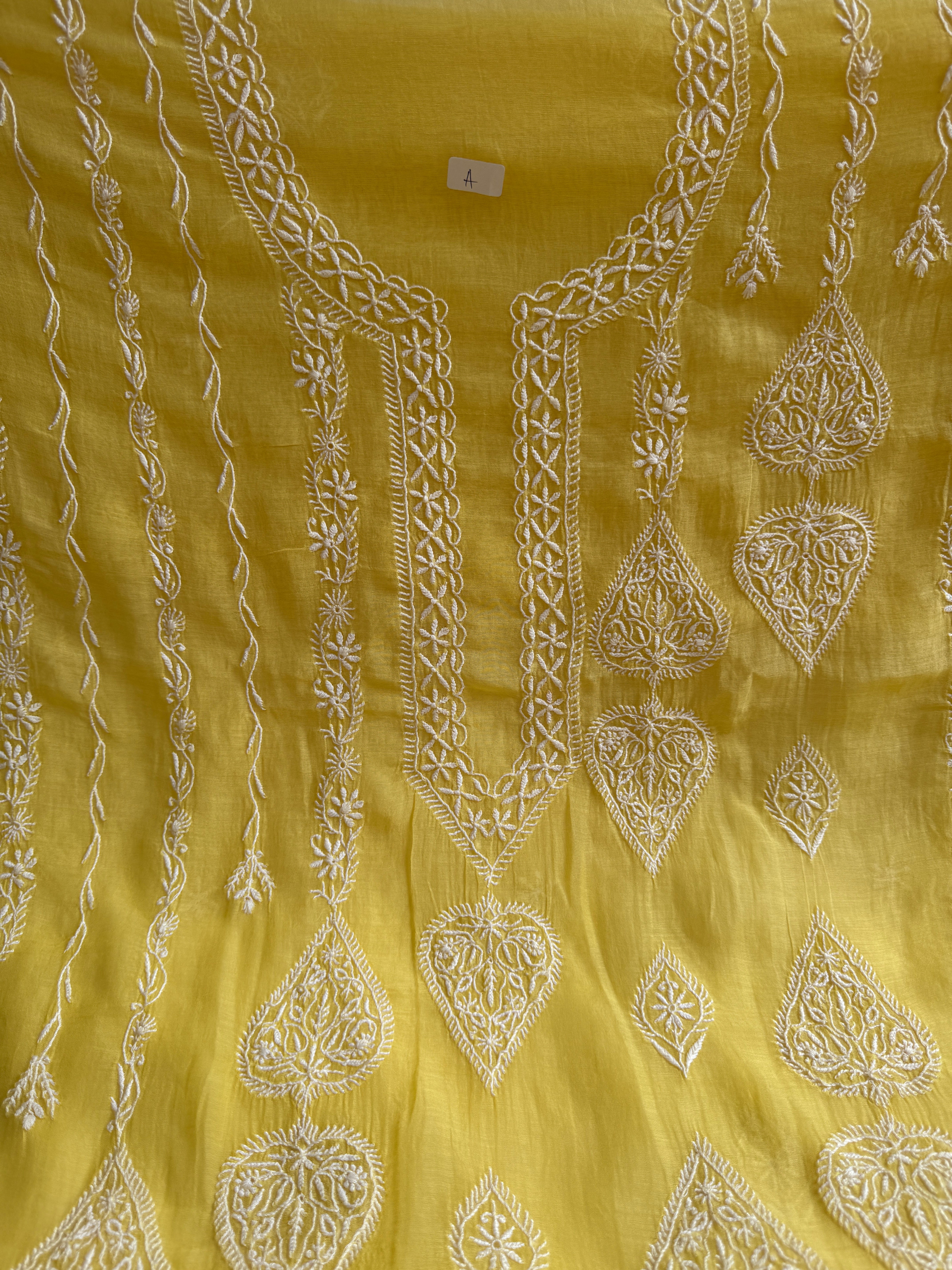 Mul Chanderi Chikankari Unstitched Length with Dupatta - Yellow