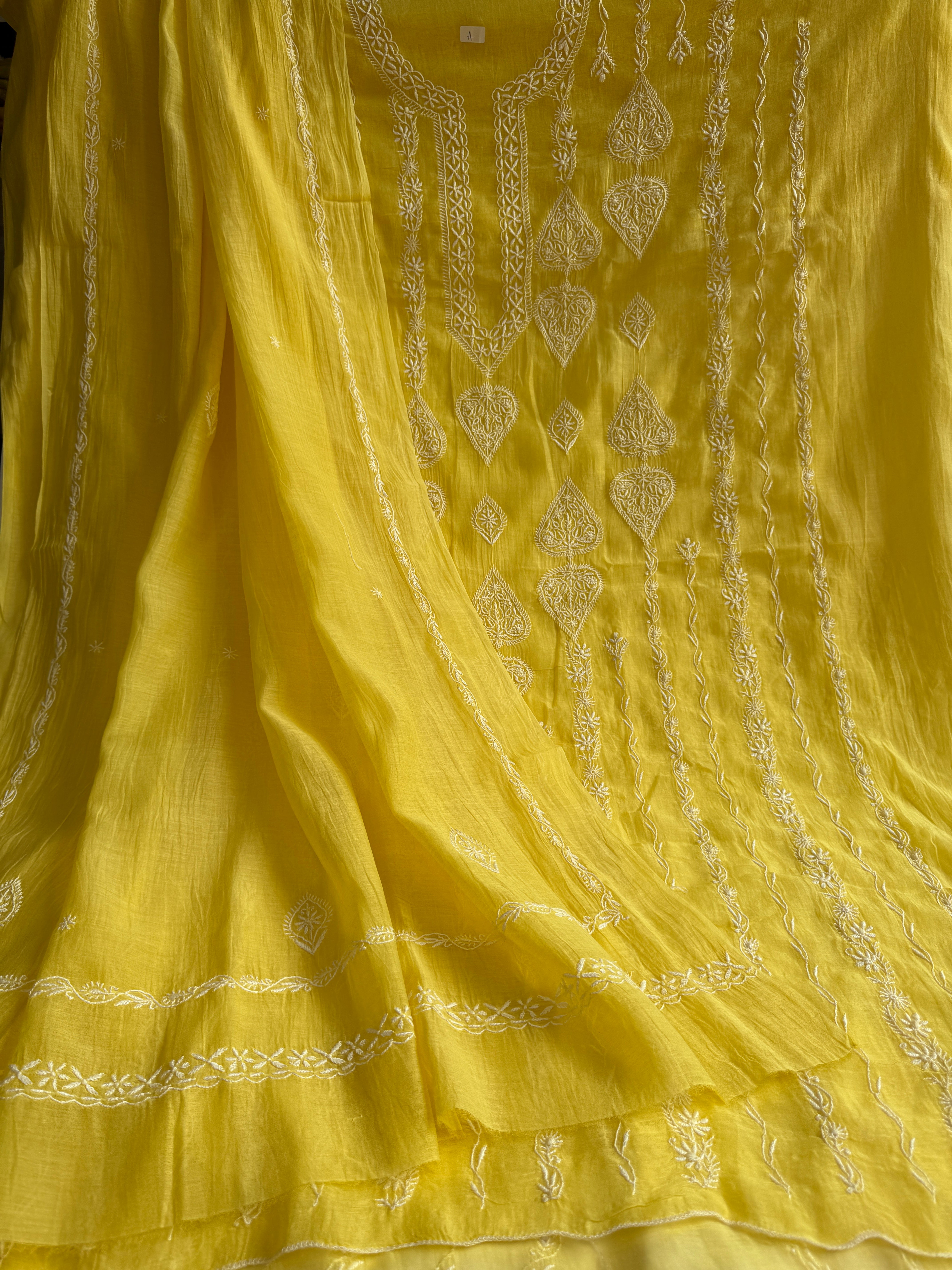 Mul Chanderi Chikankari Unstitched Length with Dupatta - Yellow