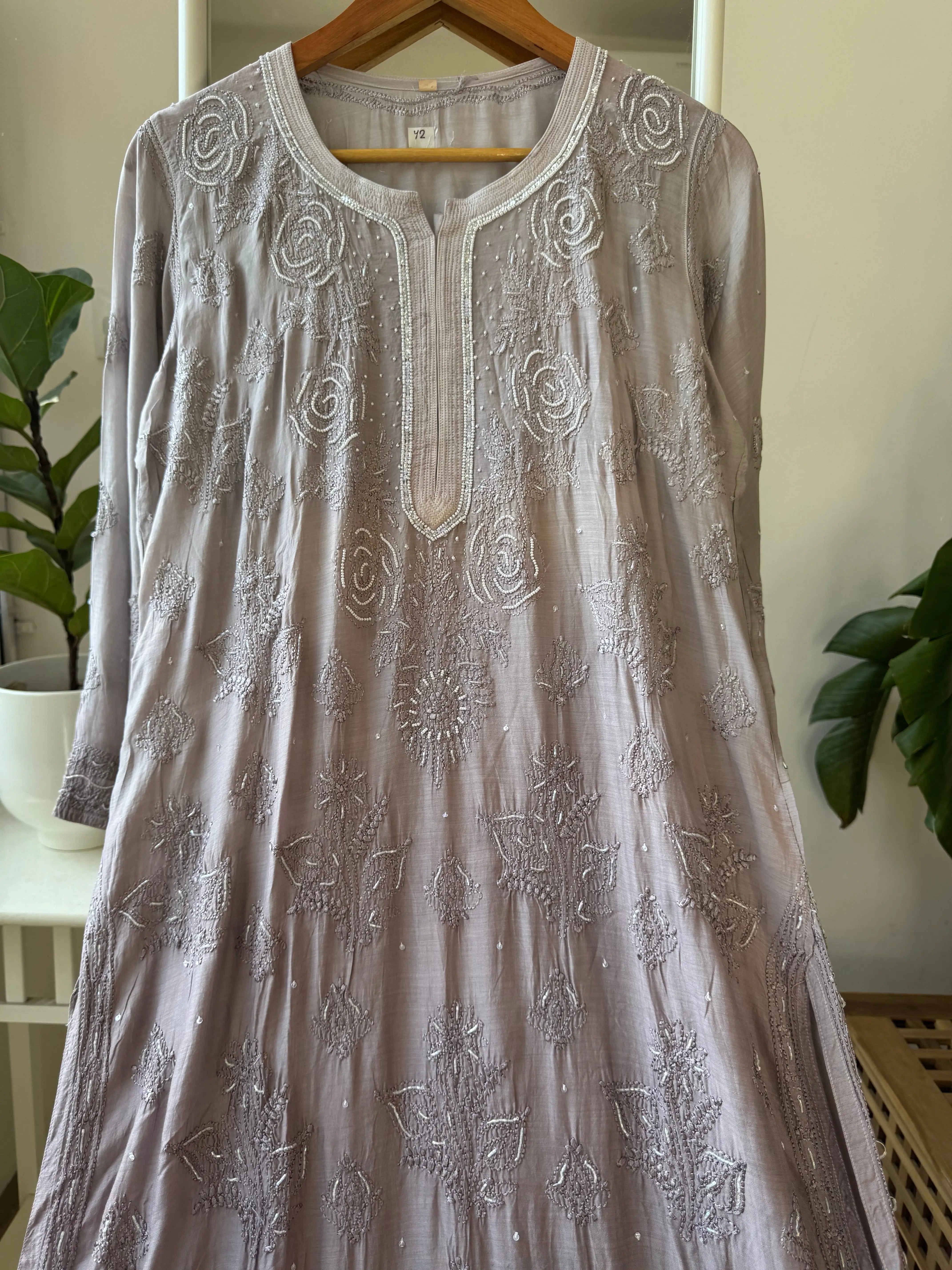 Muslin Chikankari Kurti with Pearl Work - Mink Grey ARIAA CHIKANKARI