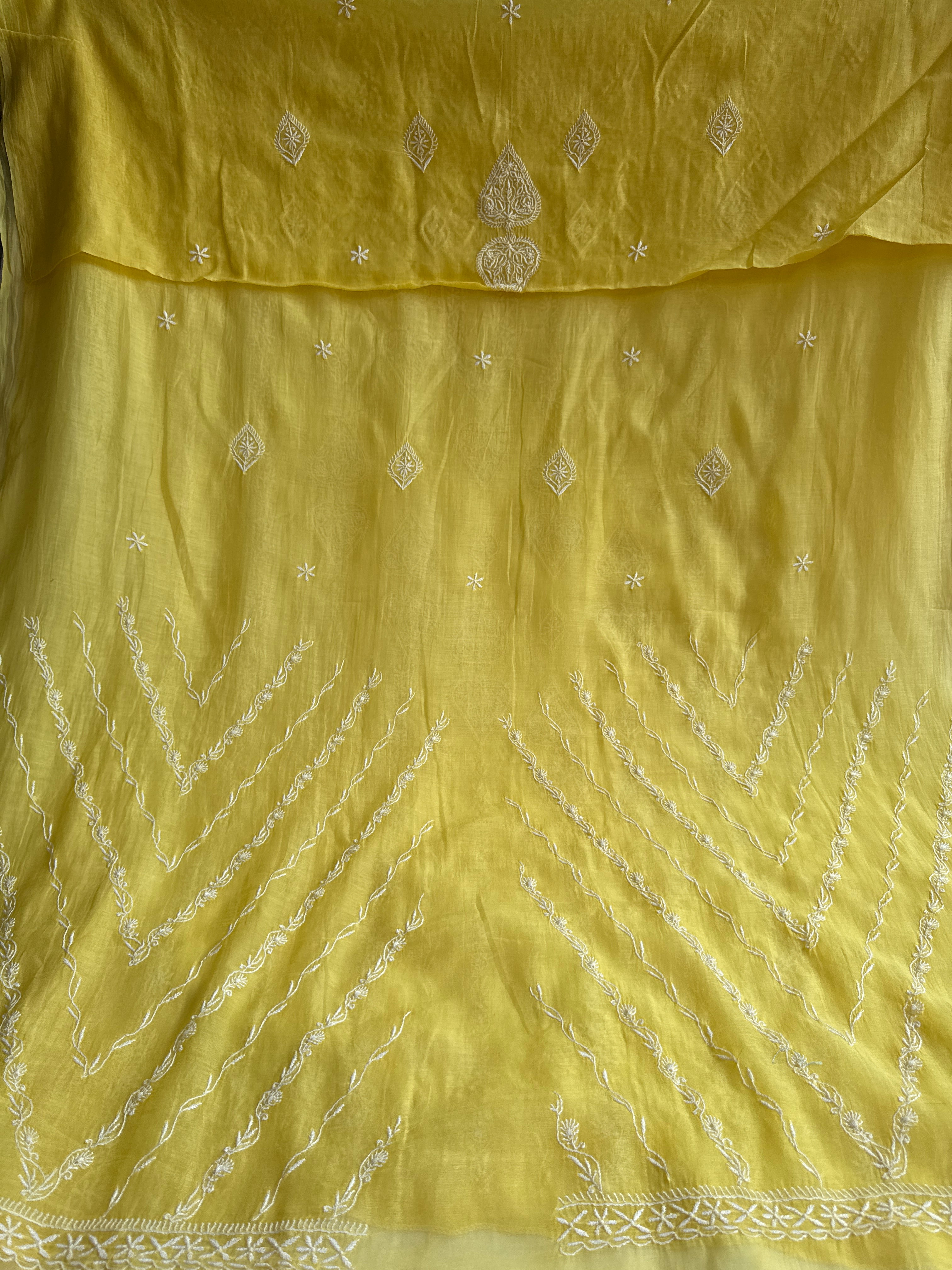 Mul Chanderi Chikankari Unstitched Length with Dupatta - Yellow
