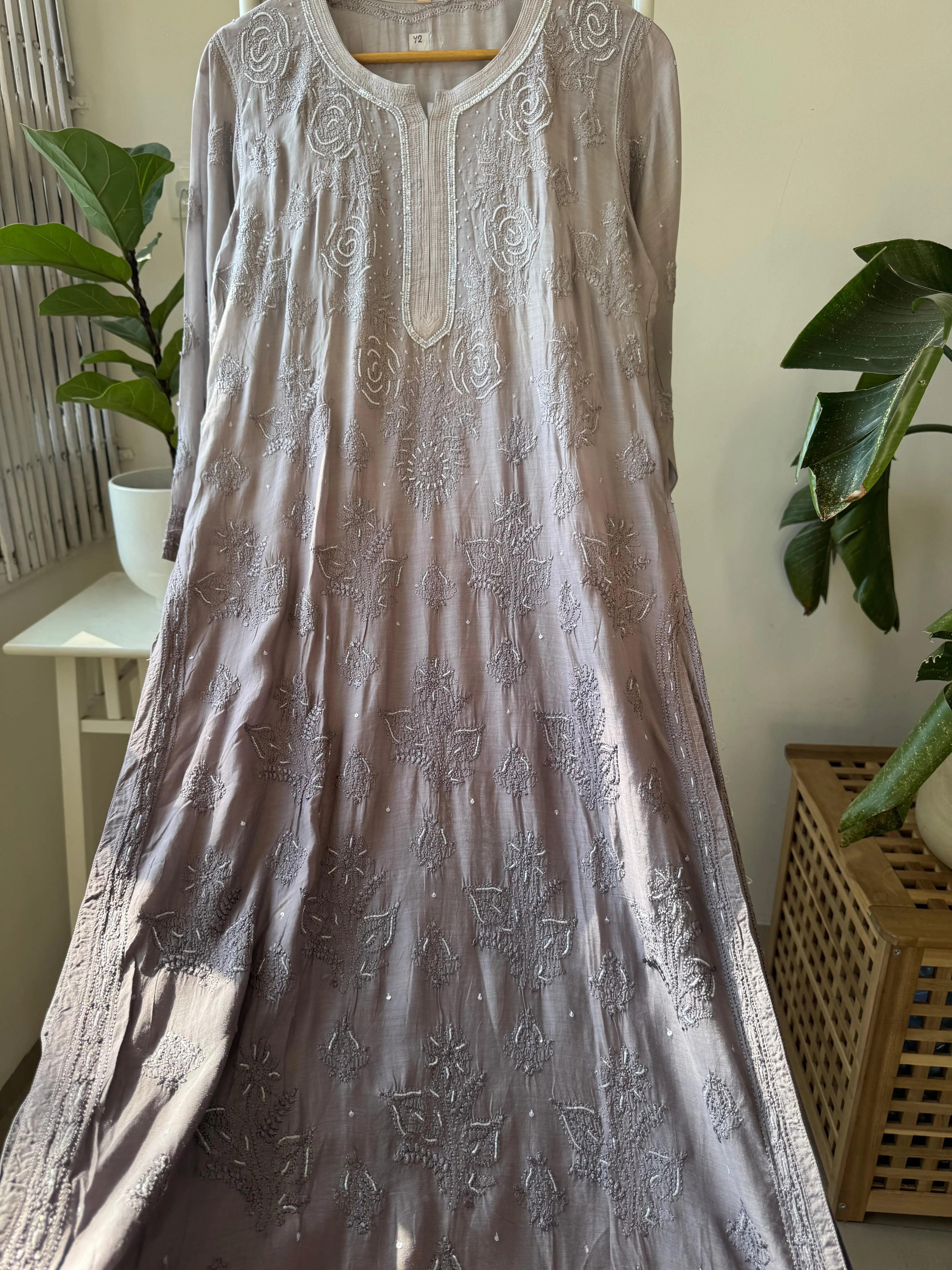 Muslin Chikankari Kurti with Pearl  Work - Mink Grey ARIAA CHIKANKARI