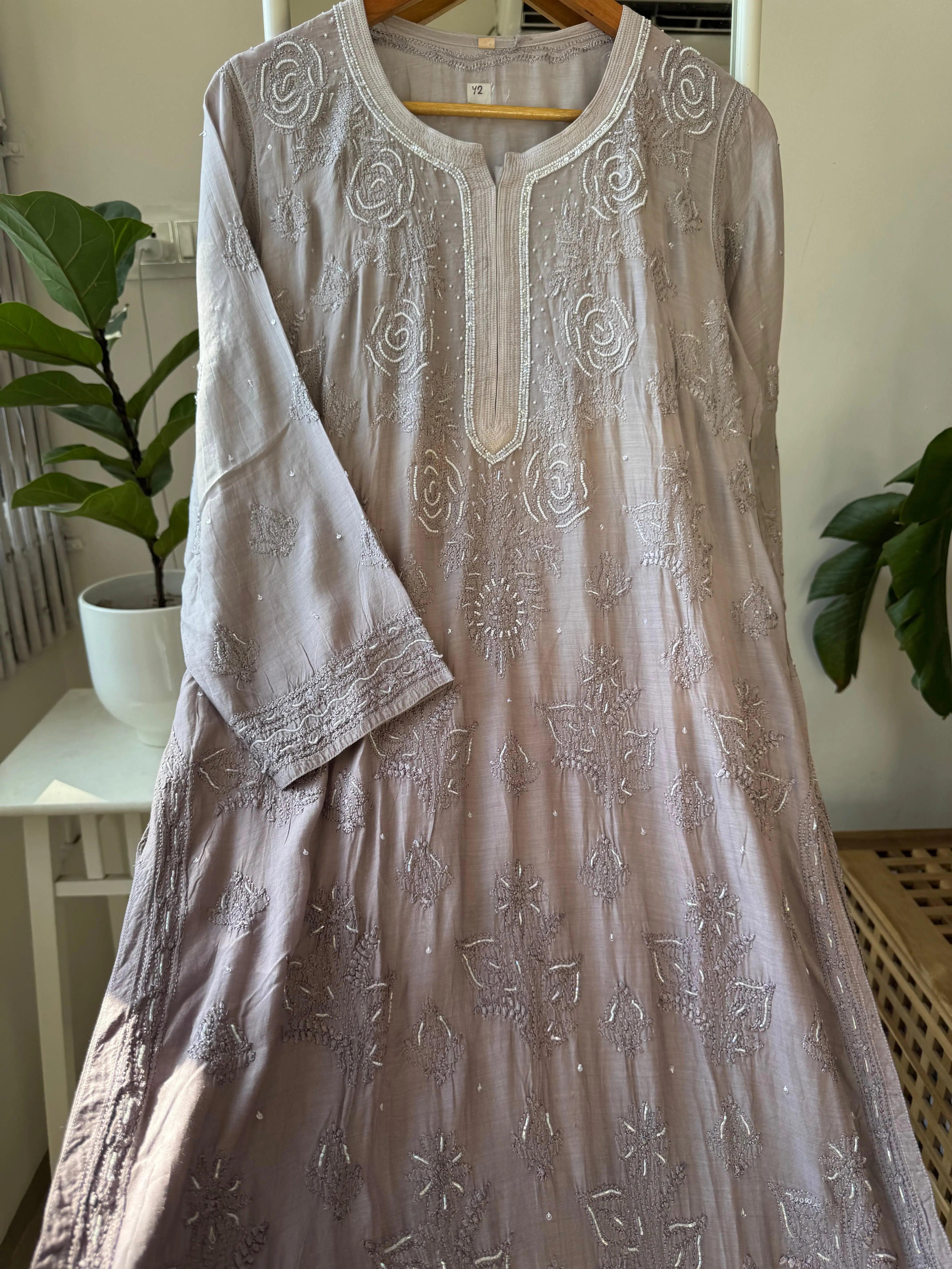 Muslin Chikankari Kurti with Pearl Work - Mink Grey ARIAA CHIKANKARI