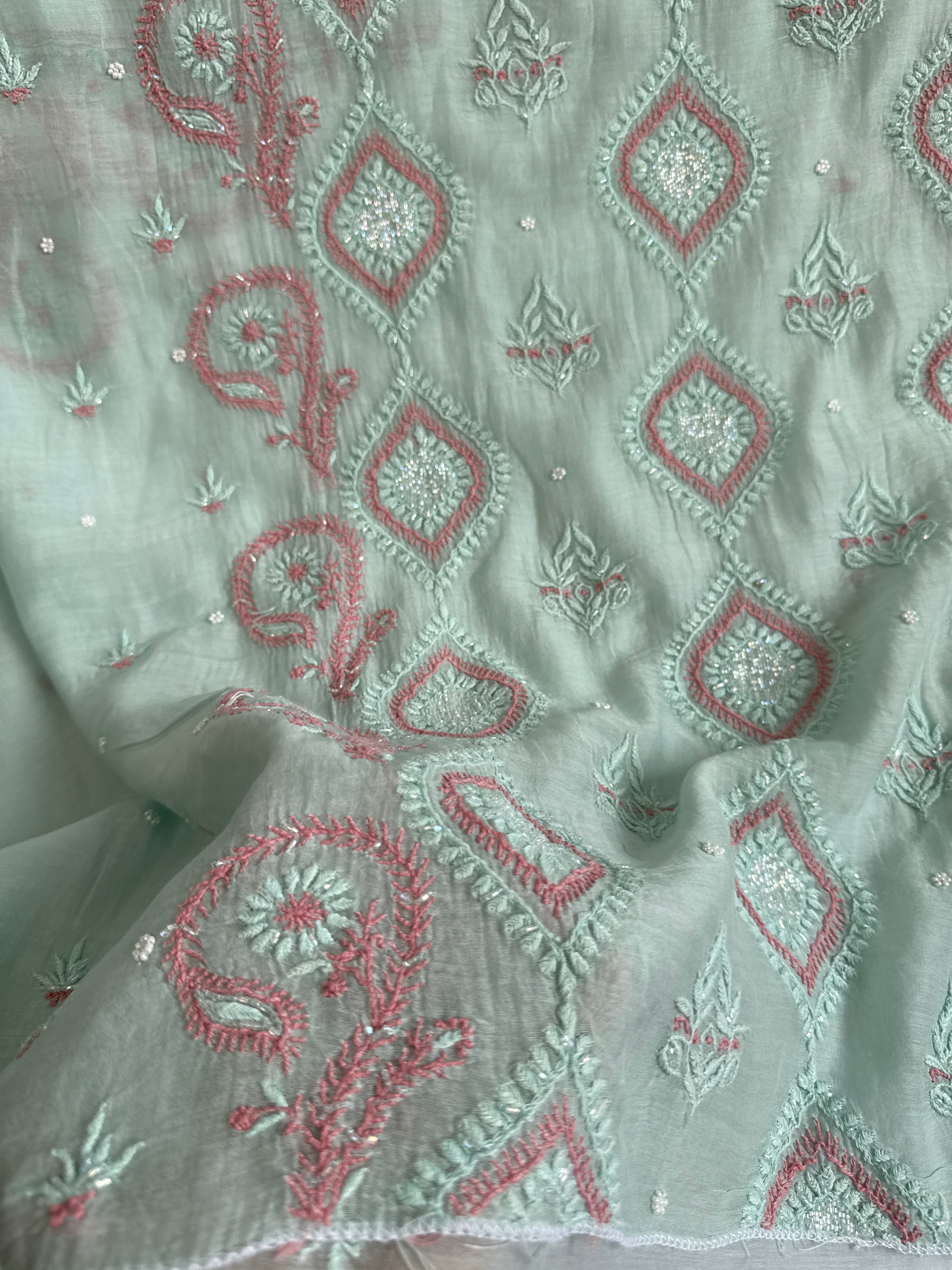 Mul Chanderi Chikankari - Unstitched Set - Multi Colour