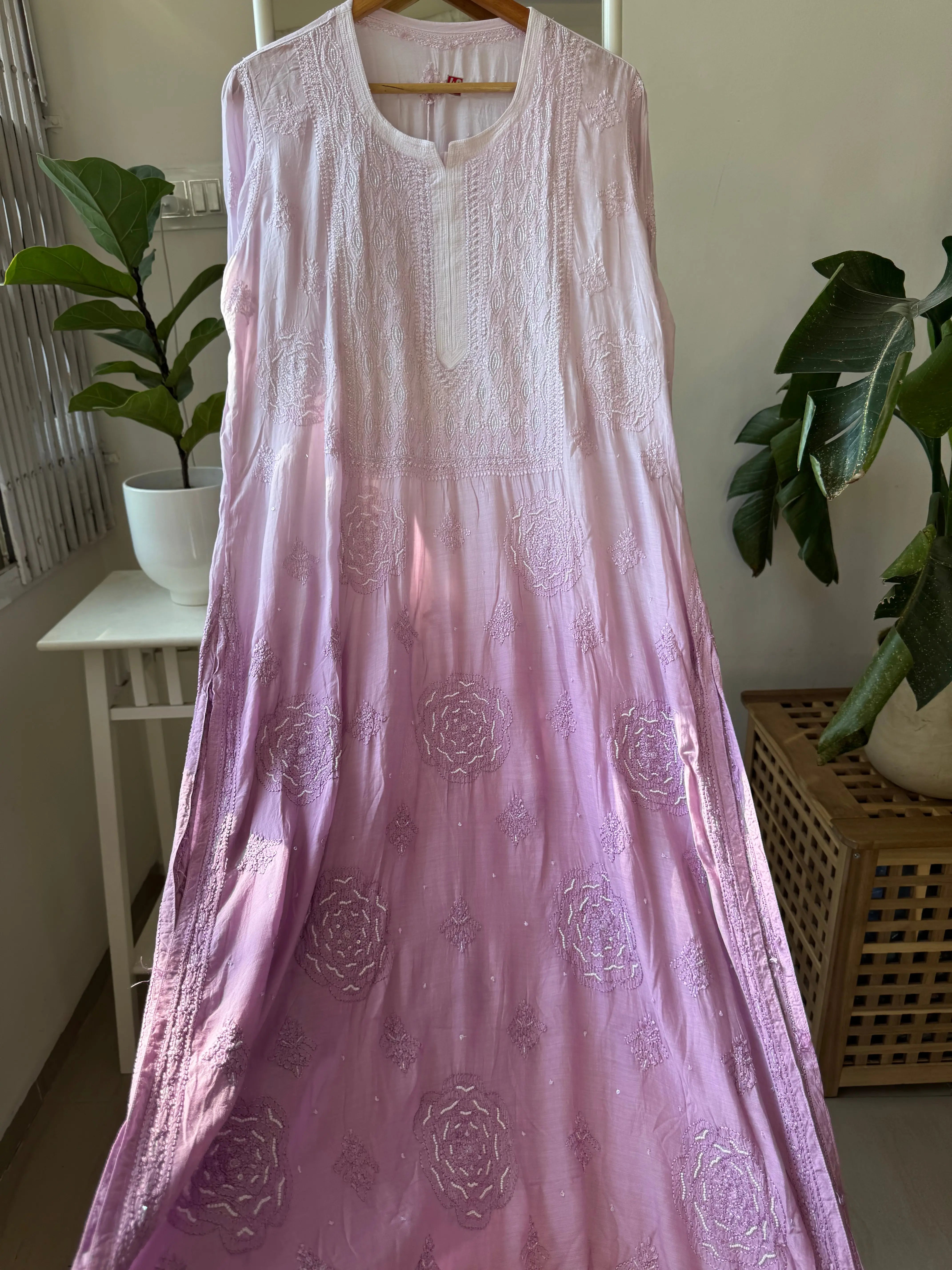 Muslin Chikankari Kurti with Pearl  Work - Lilac ARIAA CHIKANKARI