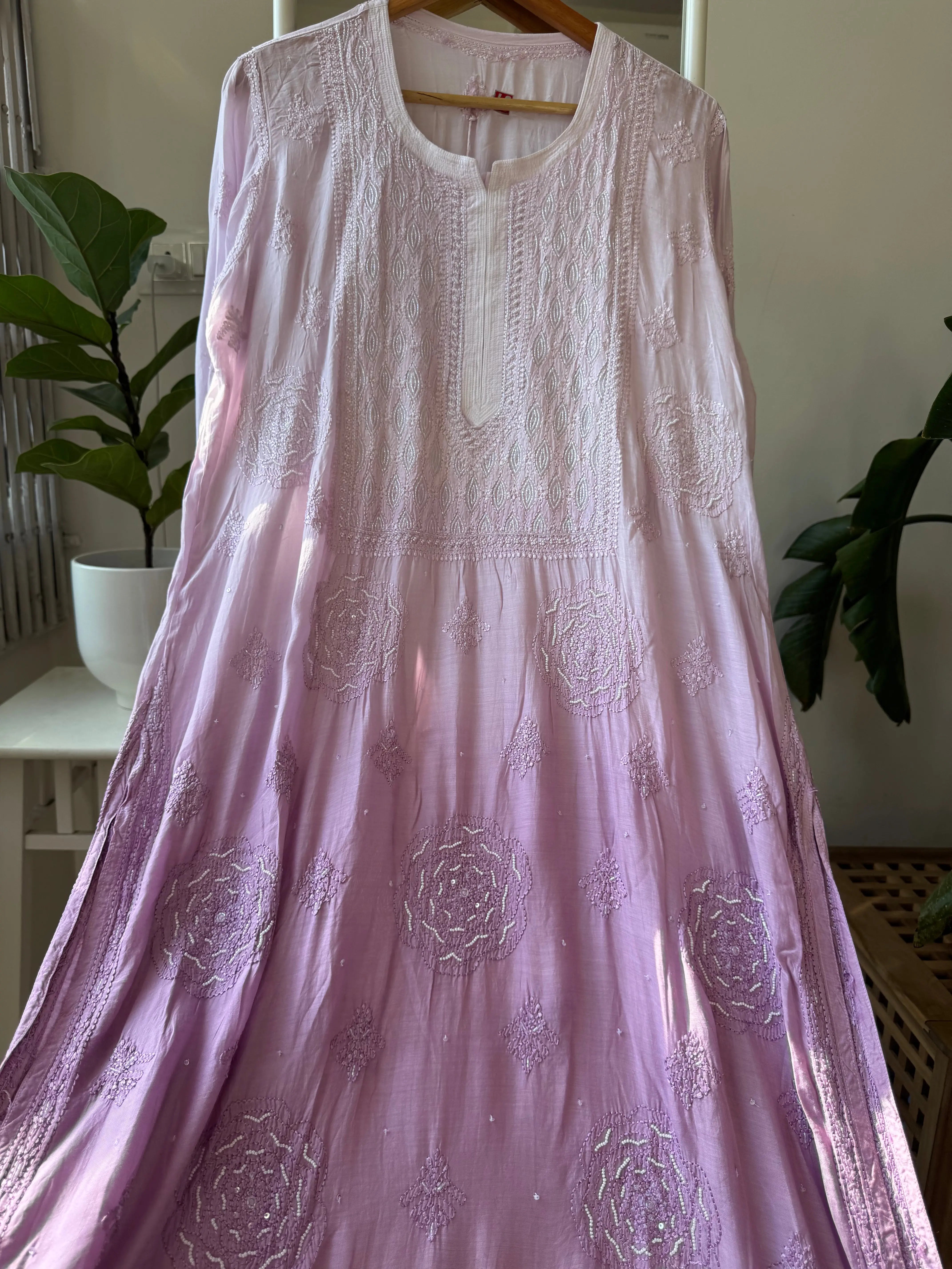 Muslin Chikankari Kurti with Pearl  Work - Lilac ARIAA CHIKANKARI
