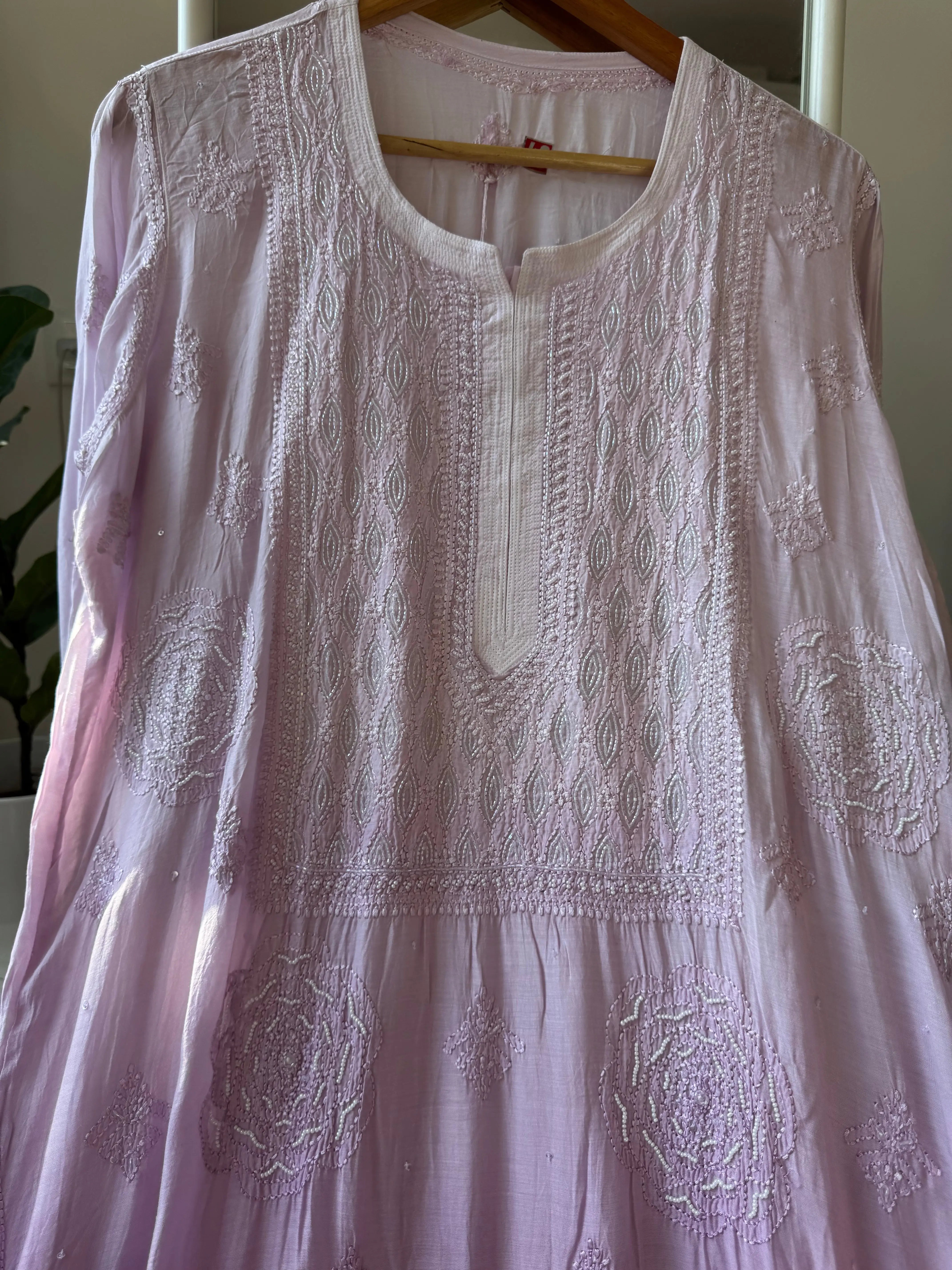 Muslin Chikankari Kurti with Pearl Work - Lilac ARIAA CHIKANKARI