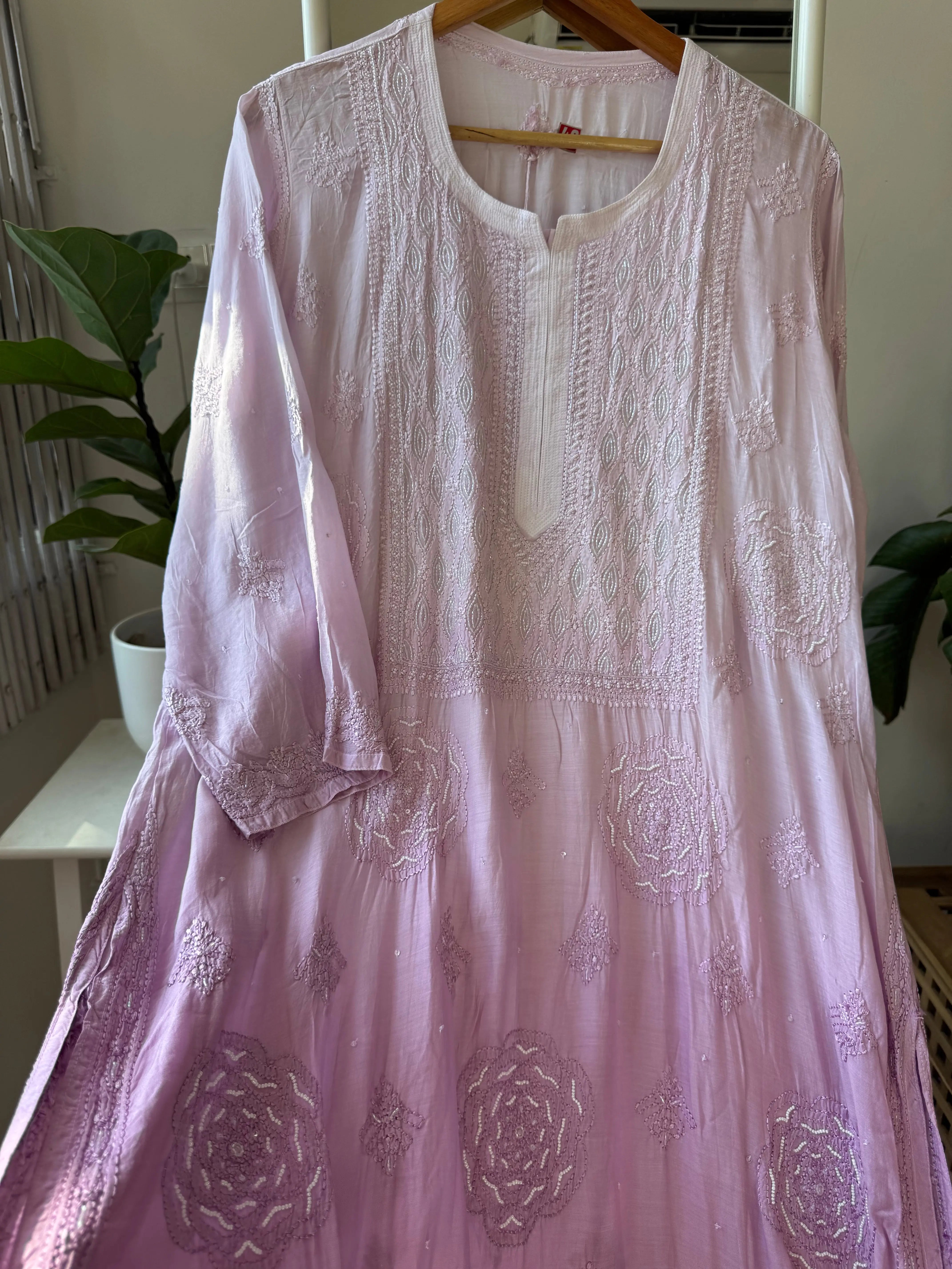 Muslin Chikankari Kurti with Pearl Work - Lilac ARIAA CHIKANKARI