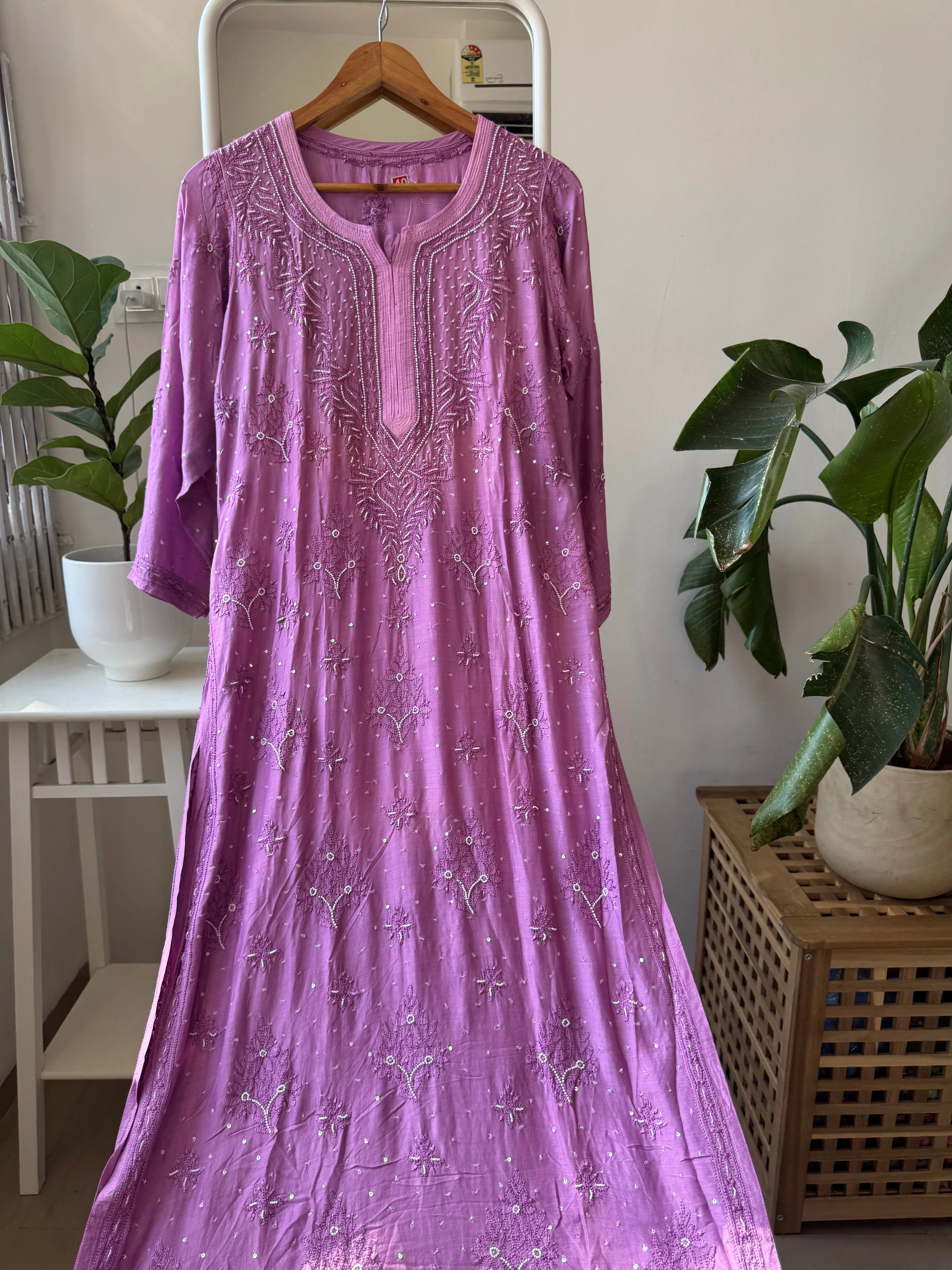 Muslin Chikankari Kurti with Pearl  Work - Purple ARIAA CHIKANKARI