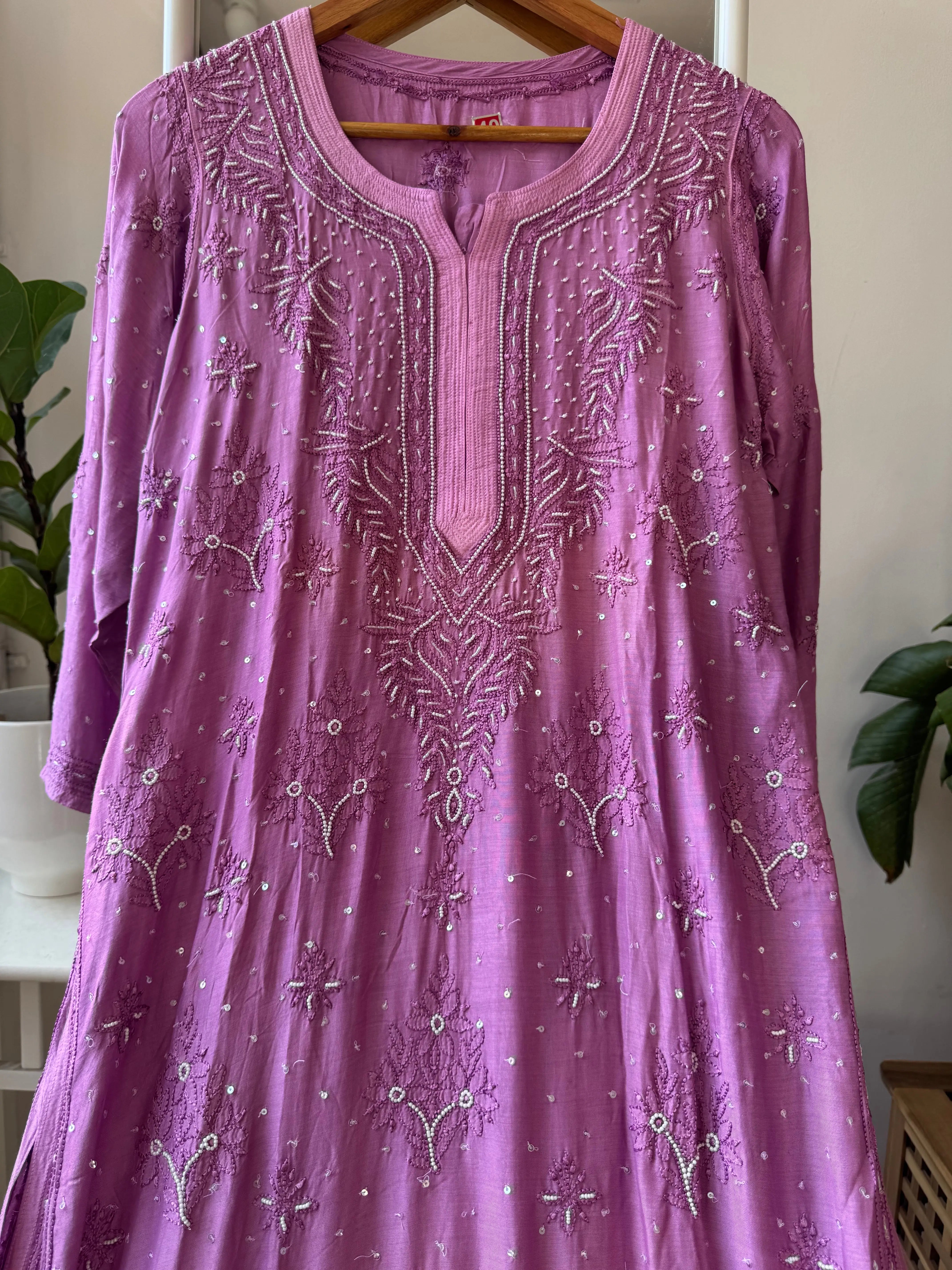 Muslin Chikankari Kurti with Pearl  Work - Purple ARIAA CHIKANKARI