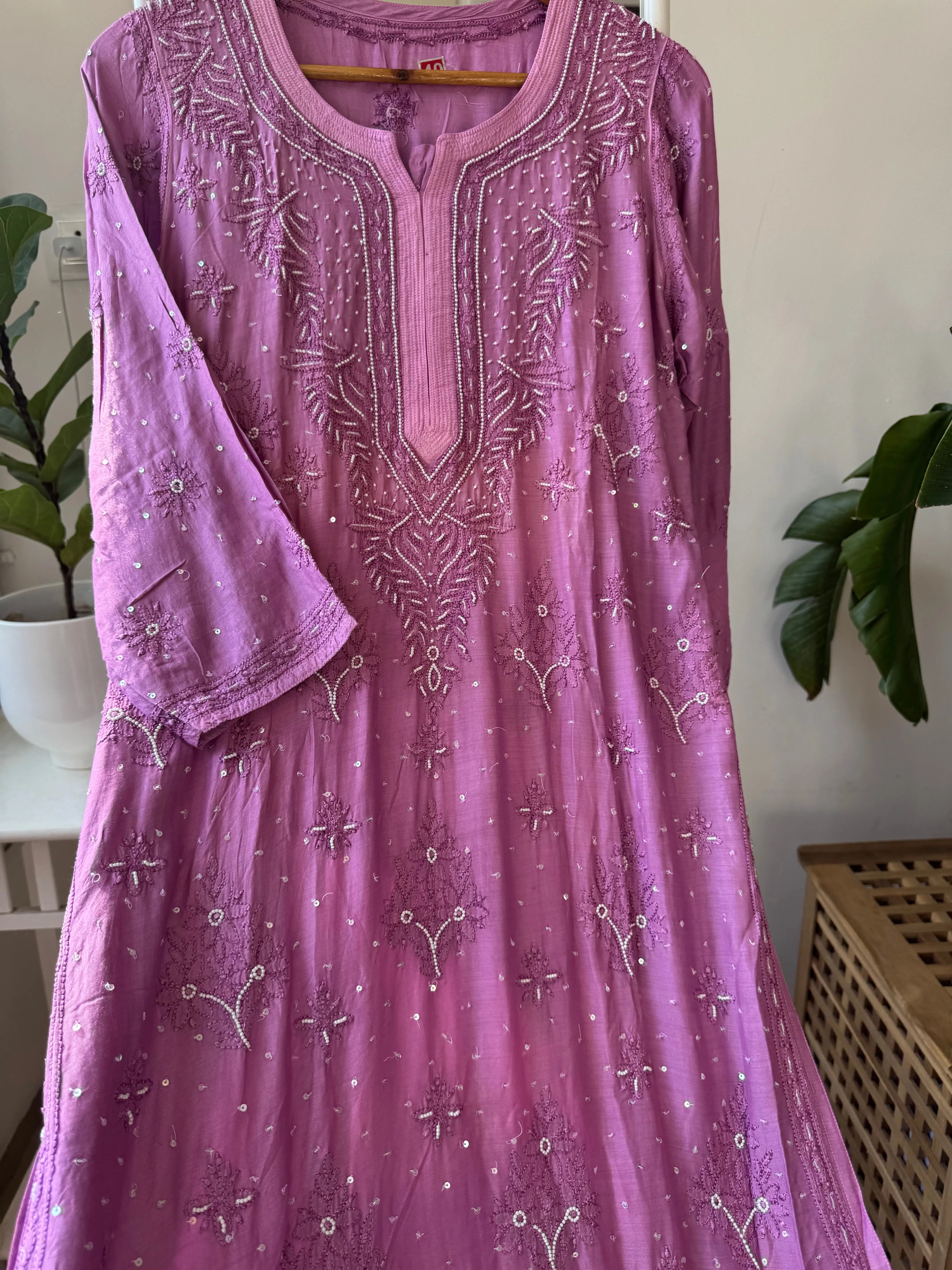 Muslin Chikankari Kurti with Pearl Work - Purple ARIAA CHIKANKARI