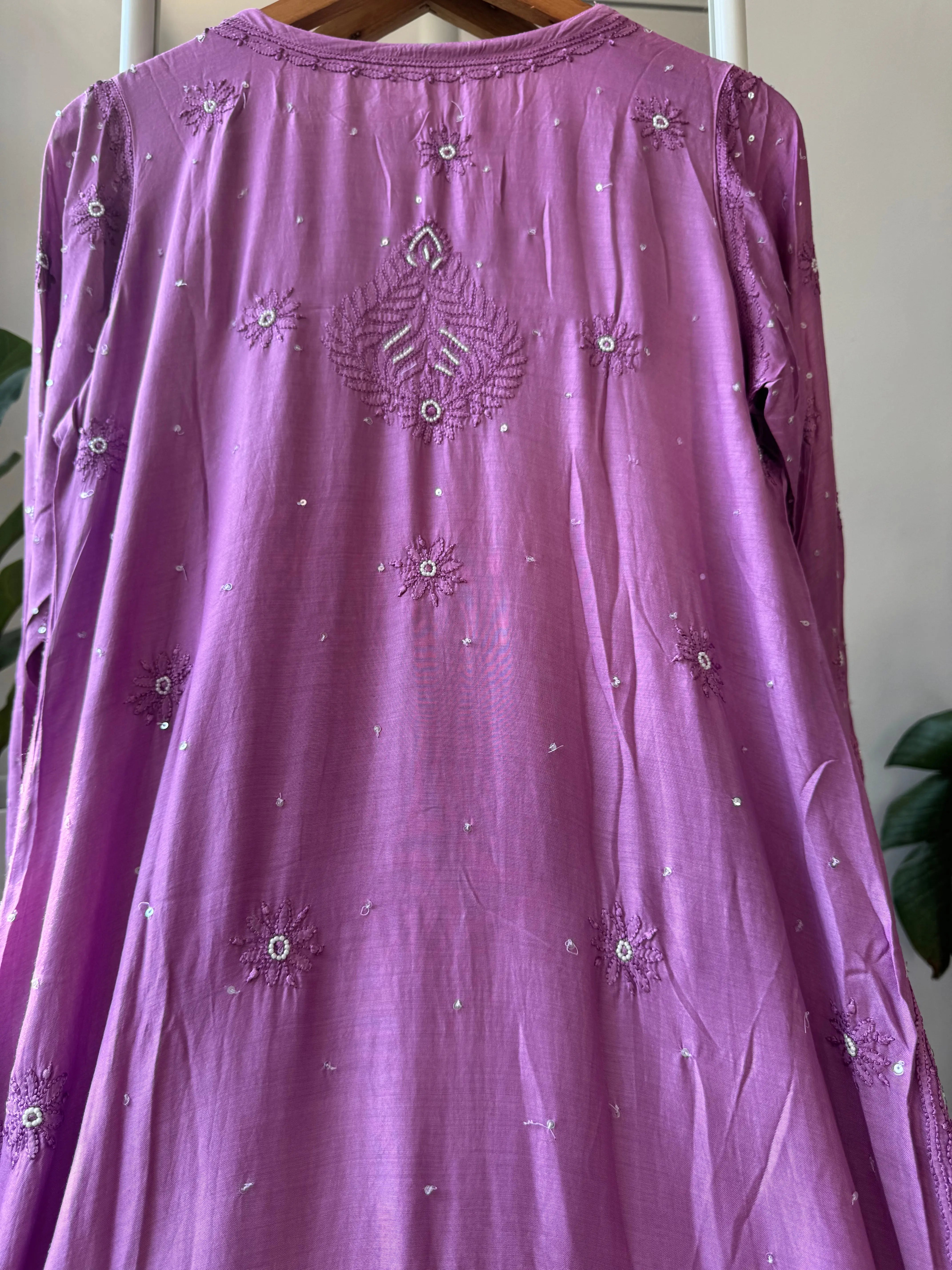 Muslin Chikankari Kurti with Pearl Work - Purple ARIAA CHIKANKARI