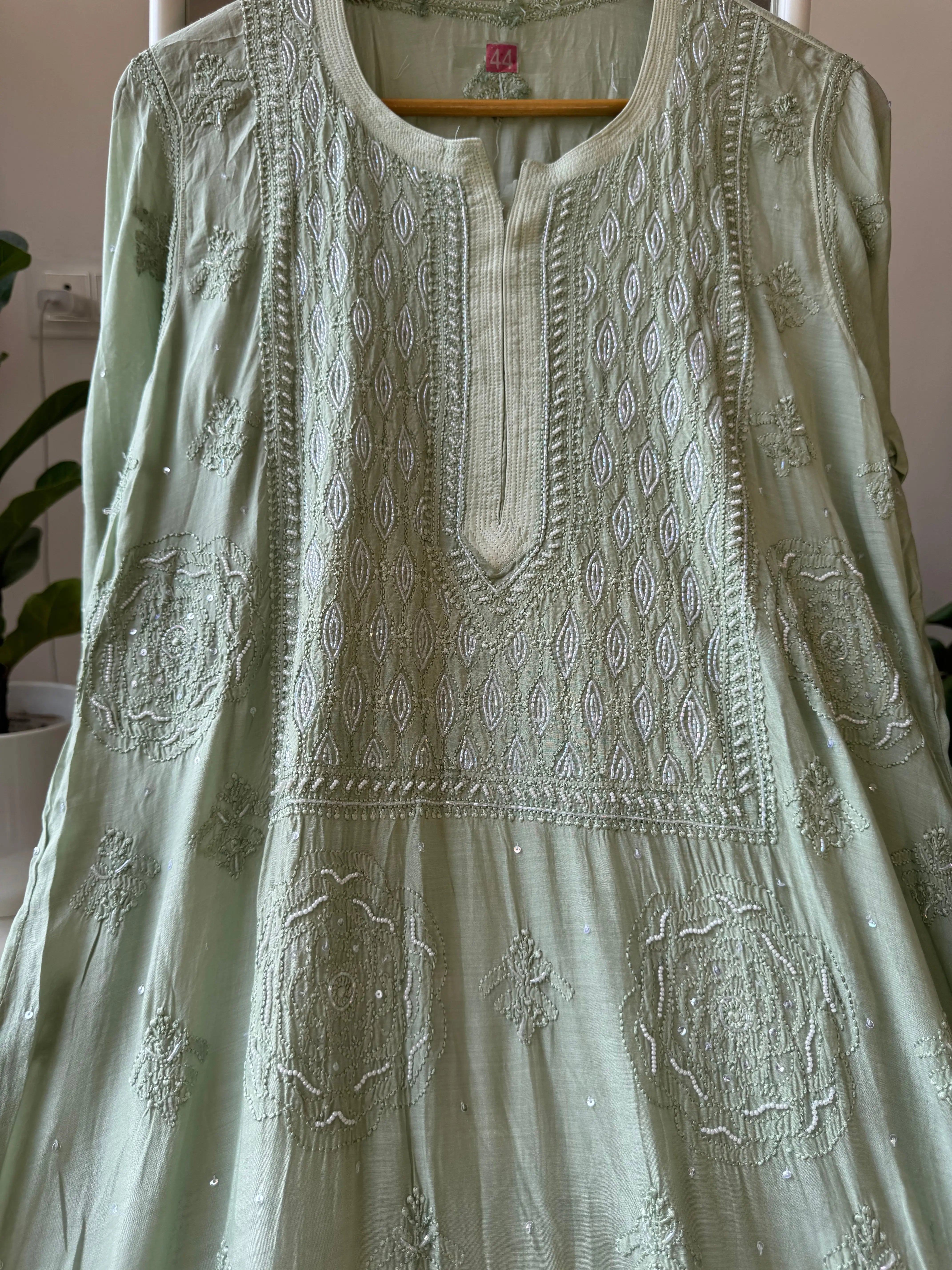 Muslin Chikankari Kurti with Pearl  Work - Apple Green ARIAA CHIKANKARI
