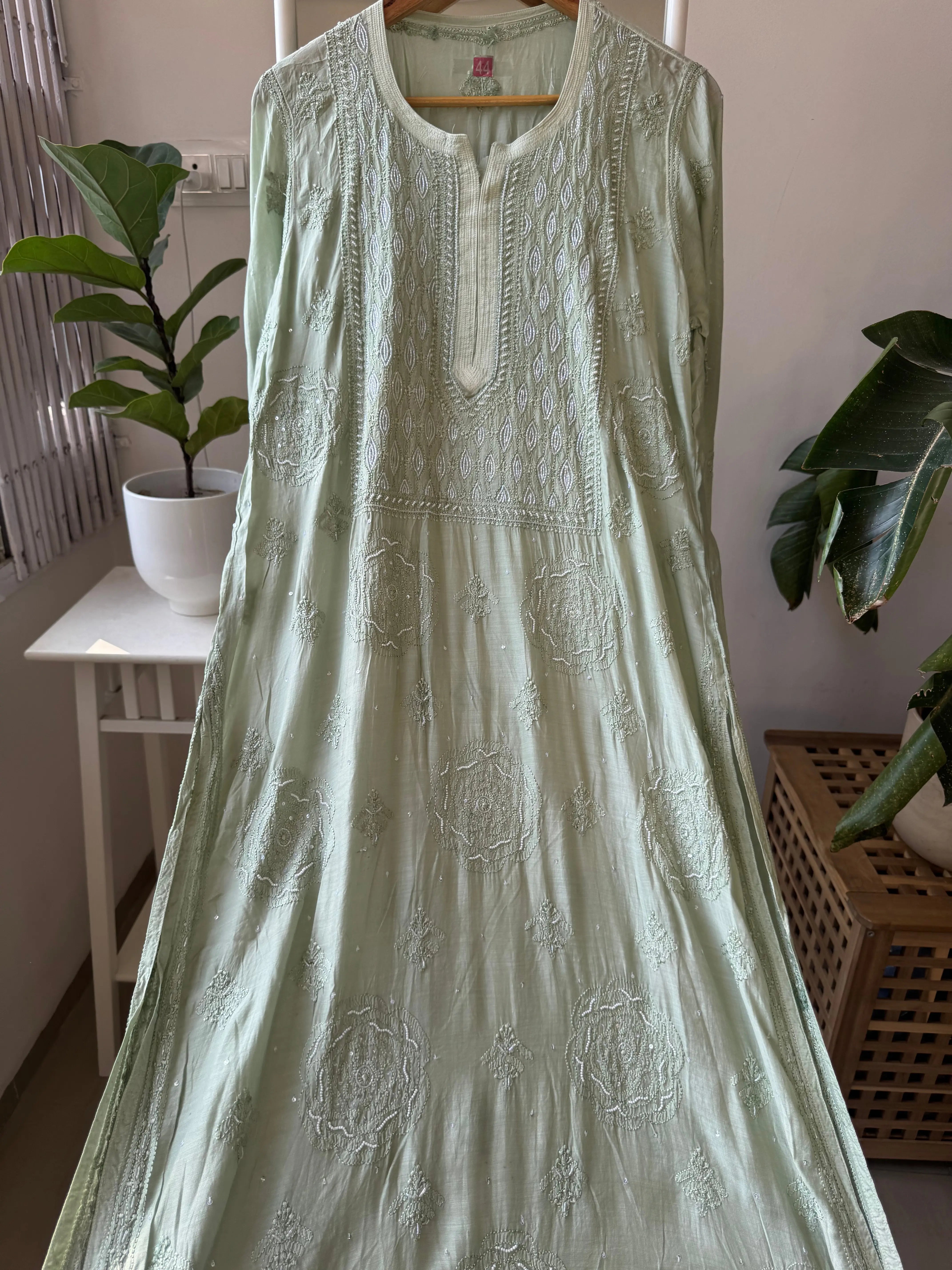 Muslin Chikankari Kurti with Pearl  Work - Apple Green ARIAA CHIKANKARI