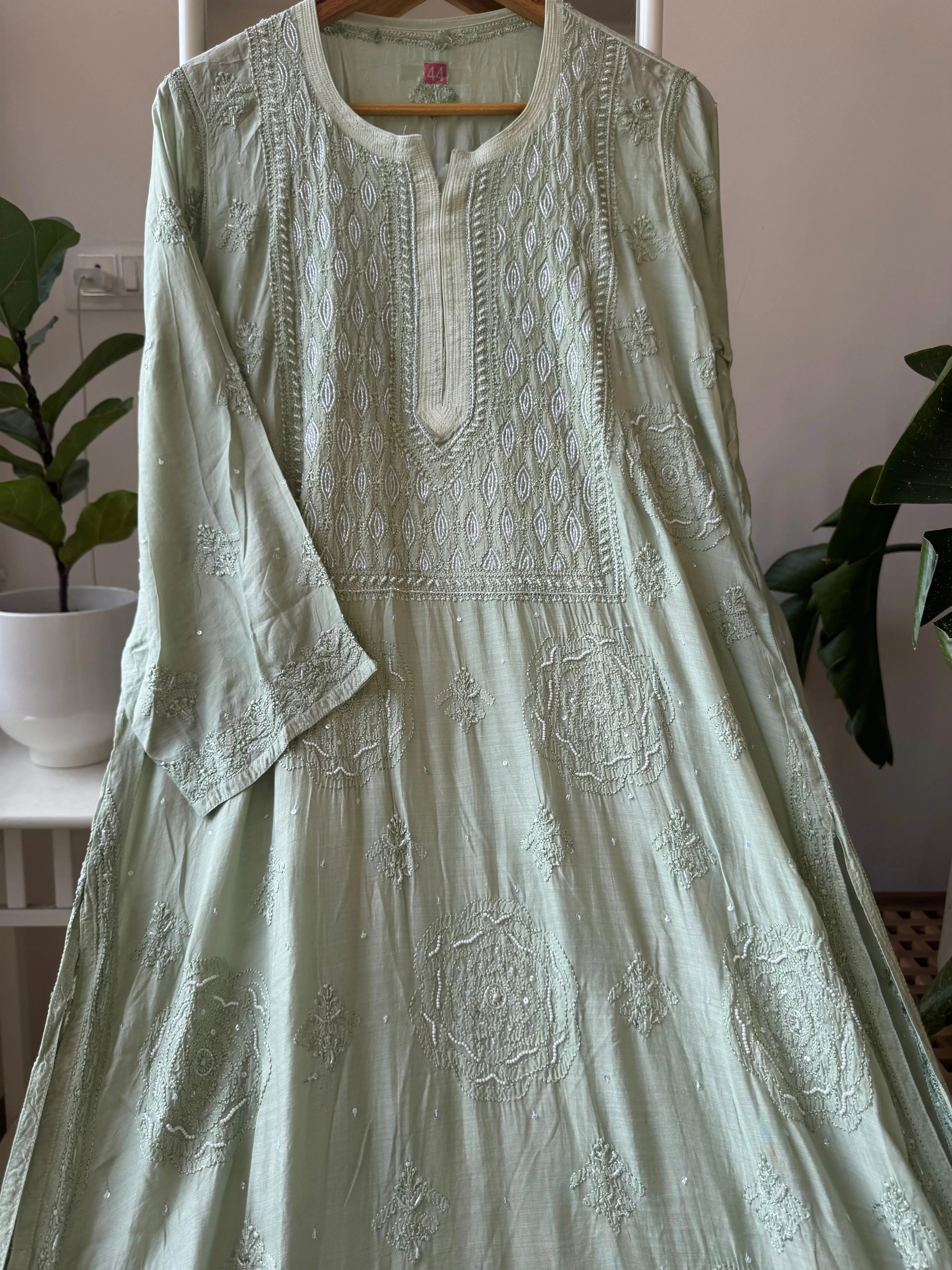 Muslin Chikankari Kurti with Pearl Work - Apple Green ARIAA CHIKANKARI
