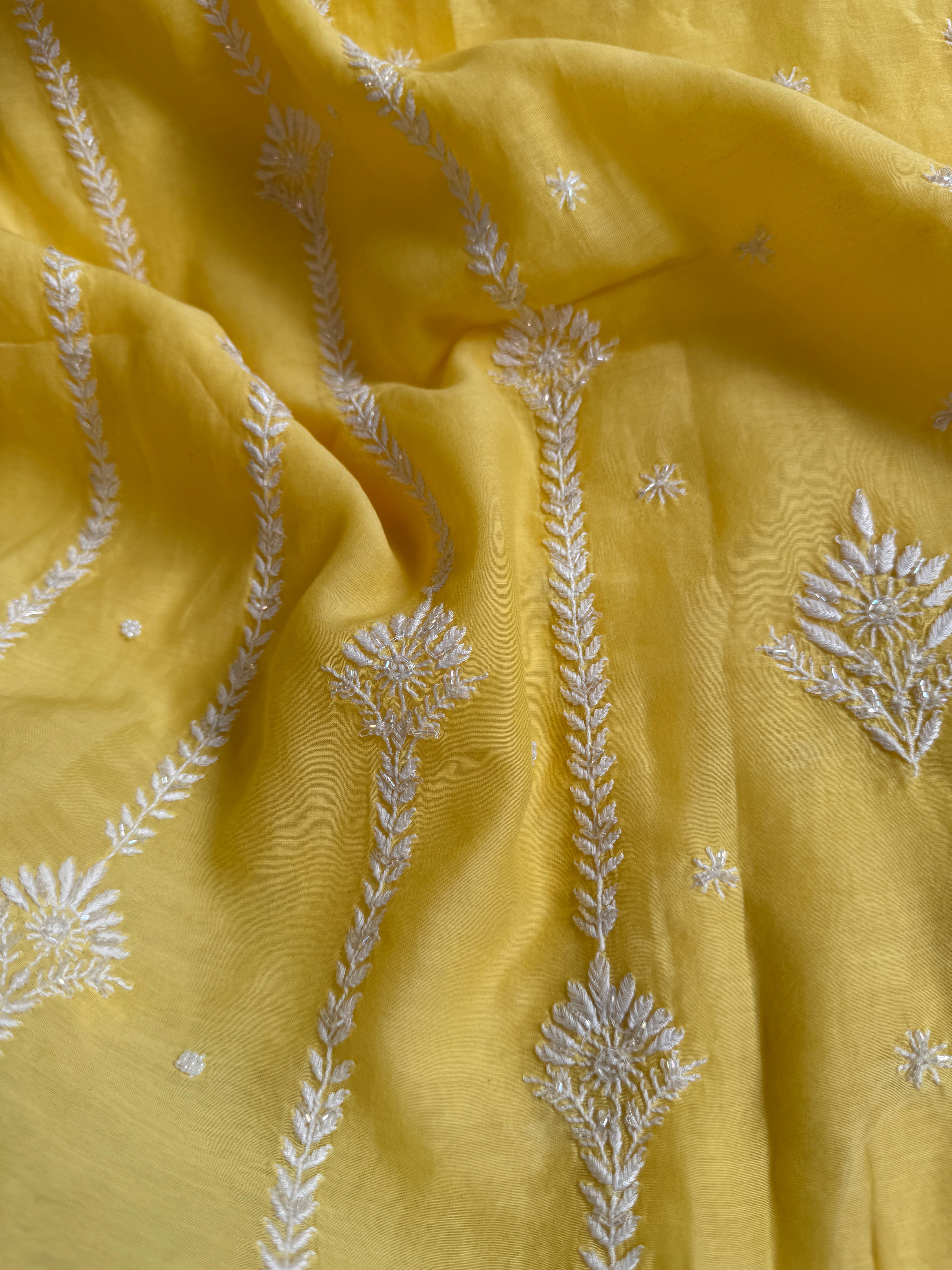 Mul Chanderi Chikankari - Unstitched Set - Yellow