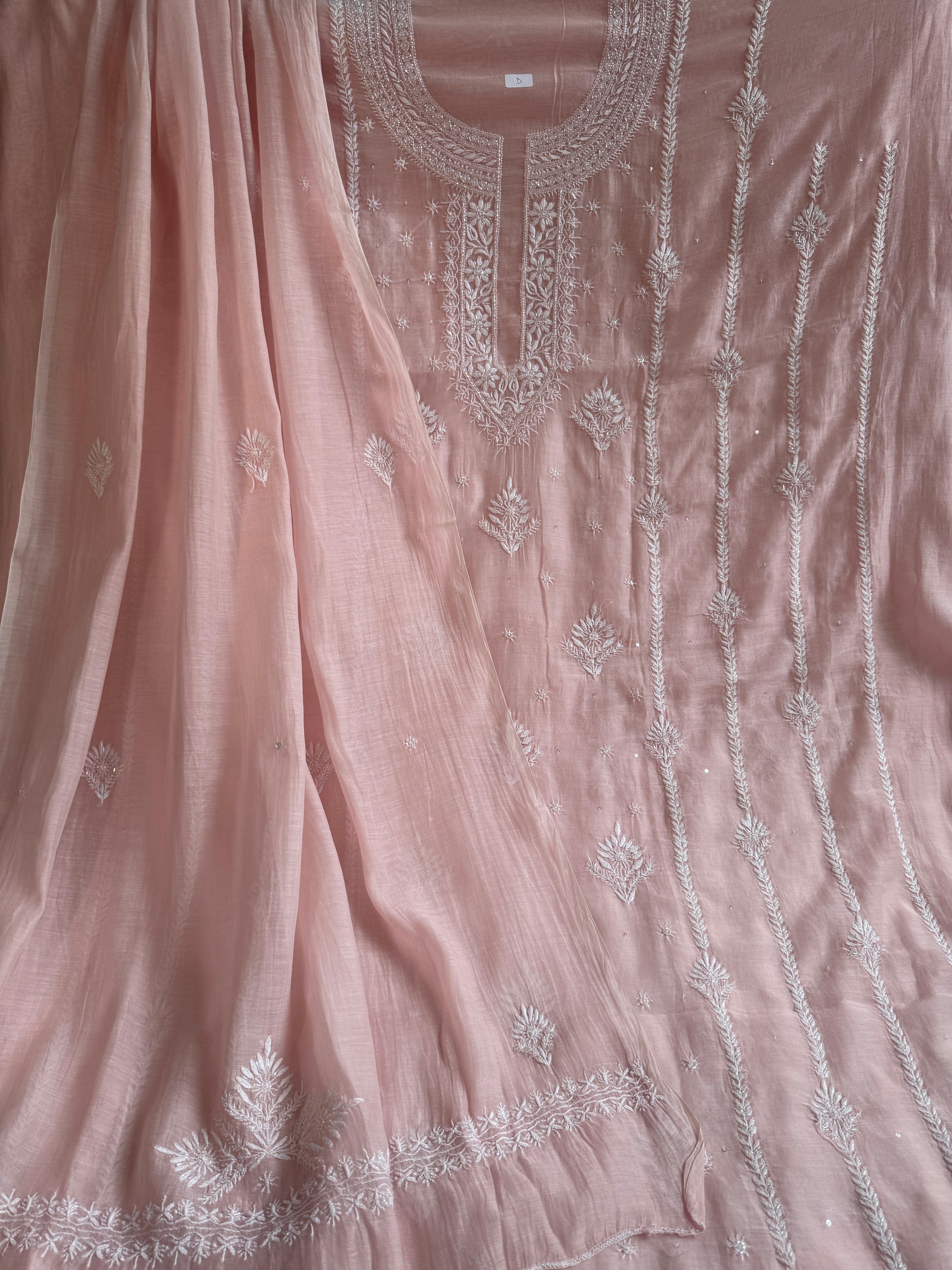 Mul Chanderi Chikankari - Unstitched Set - Pale Pink