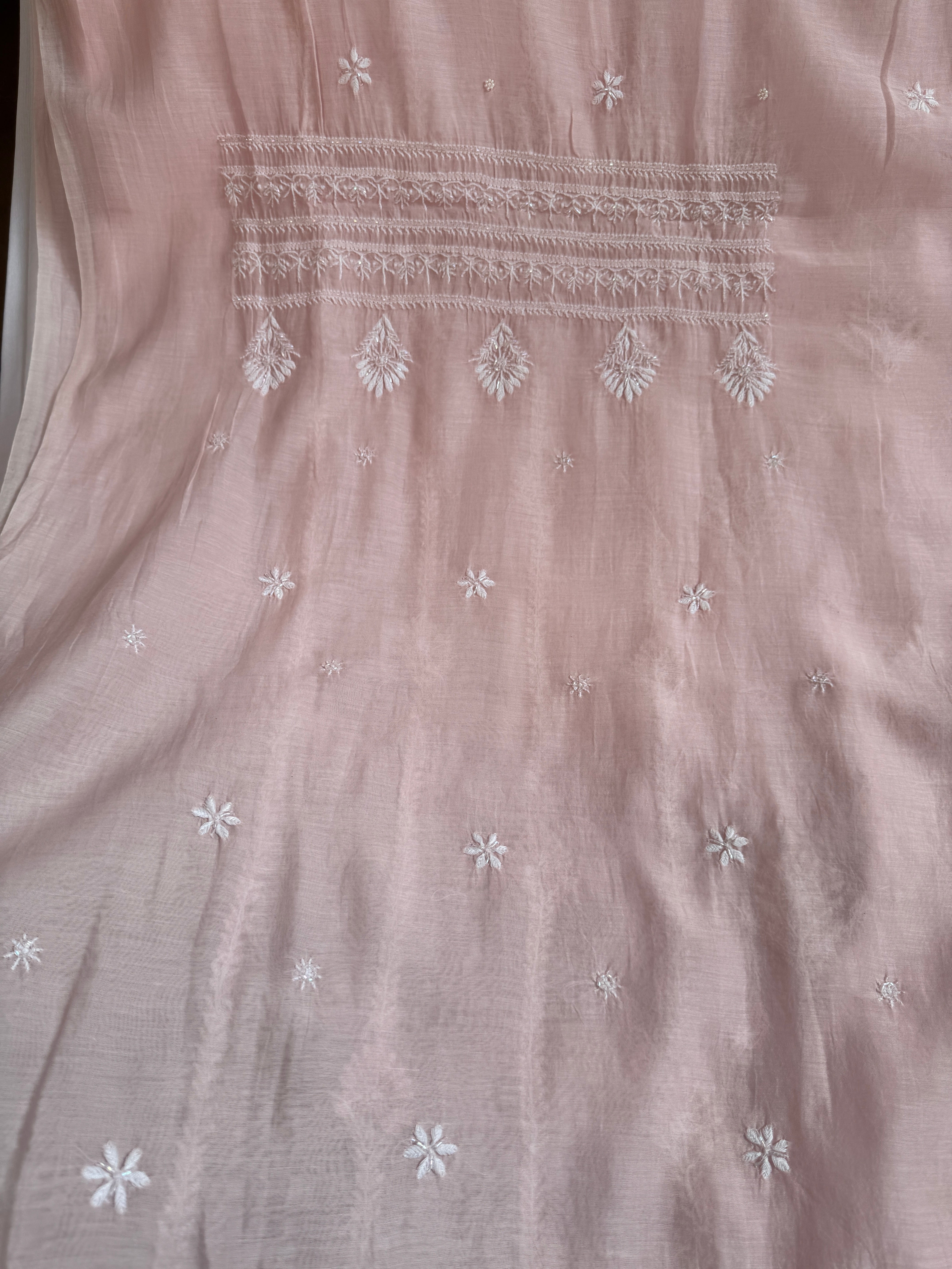 Mul Chanderi Chikankari - Unstitched Set - Pale Pink