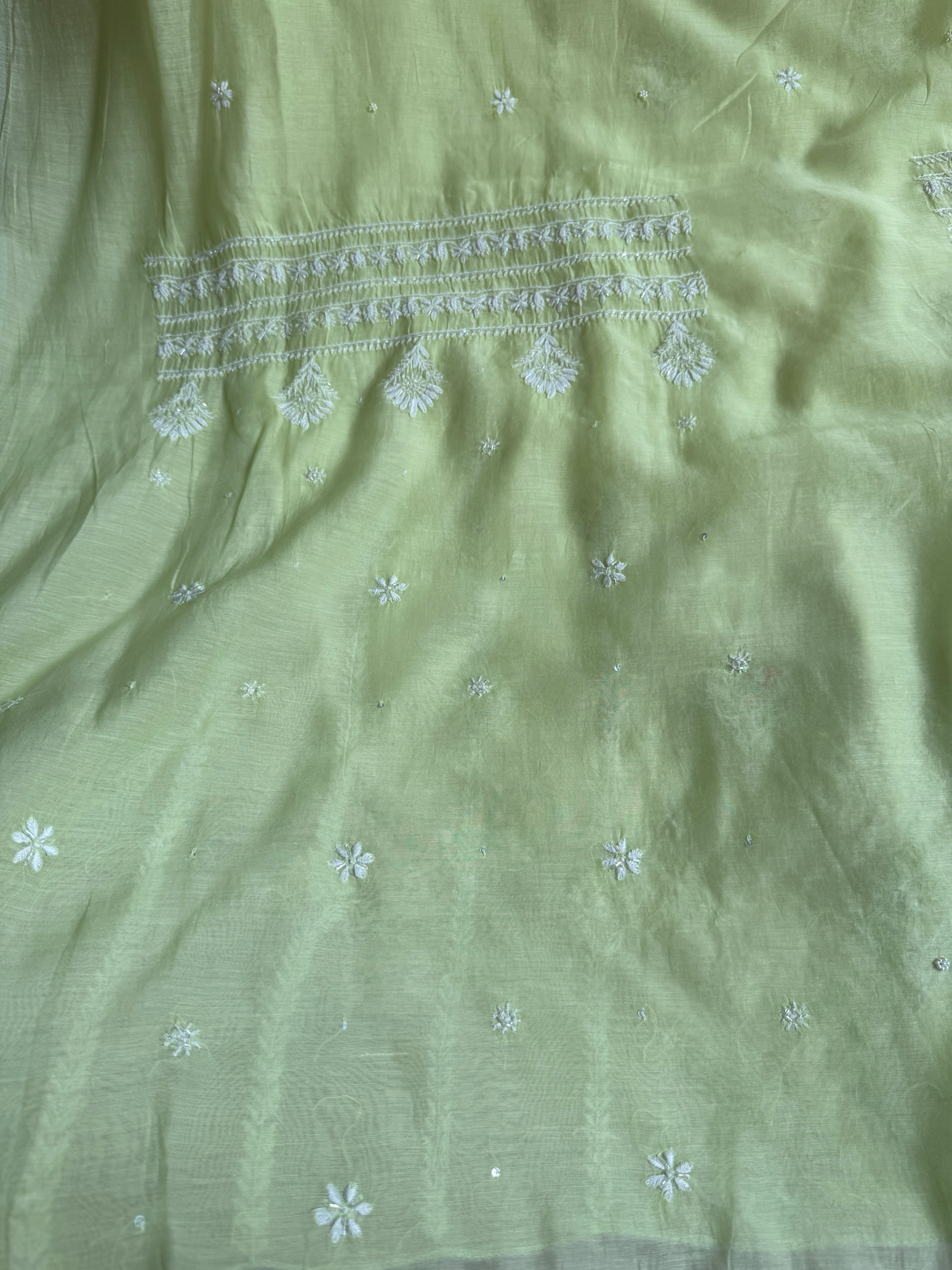 Mul Chanderi Chikankari - Unstitched Set - Green