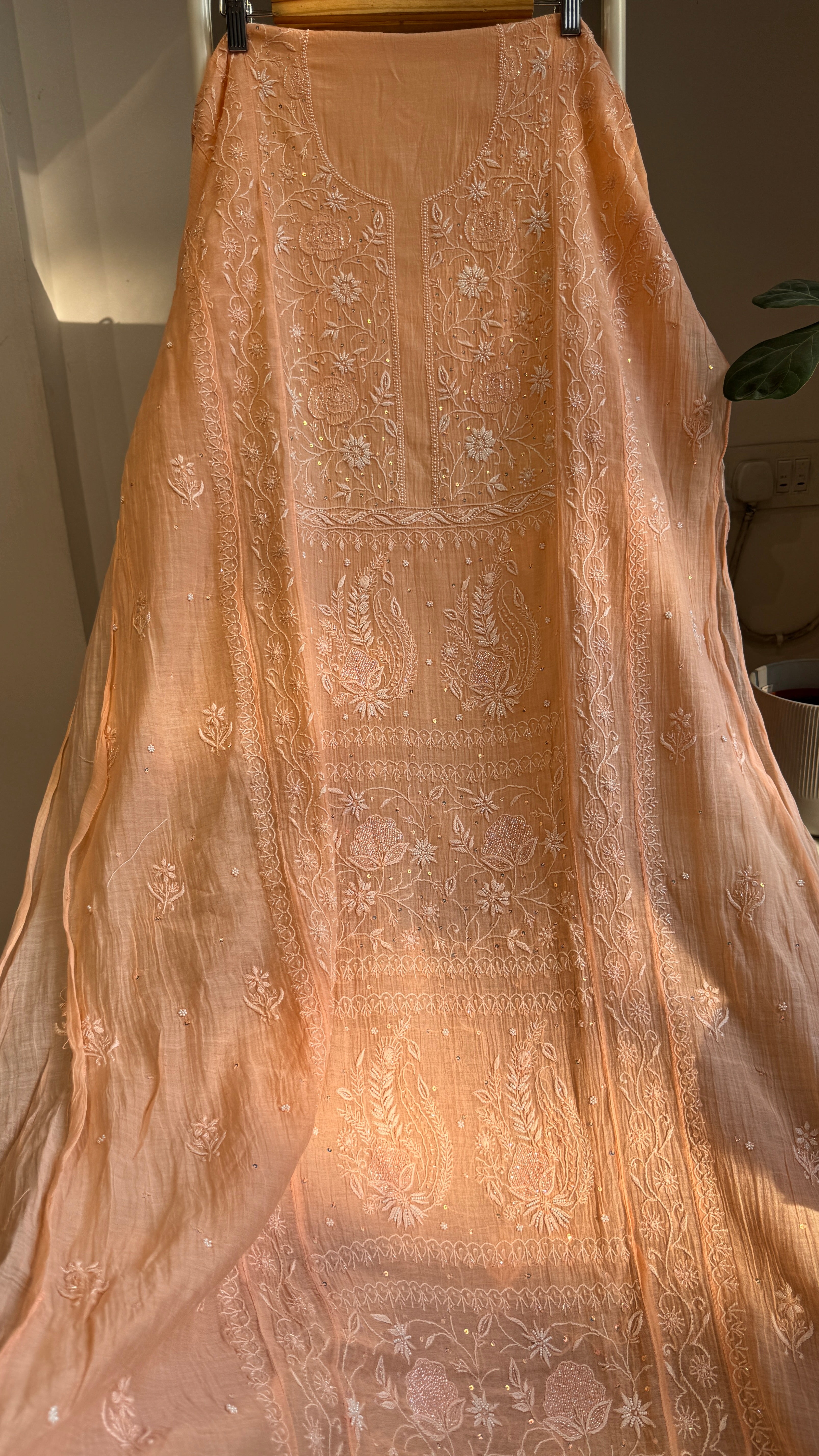 Mul Chanderi Chikankari Anarkali - Orange 2