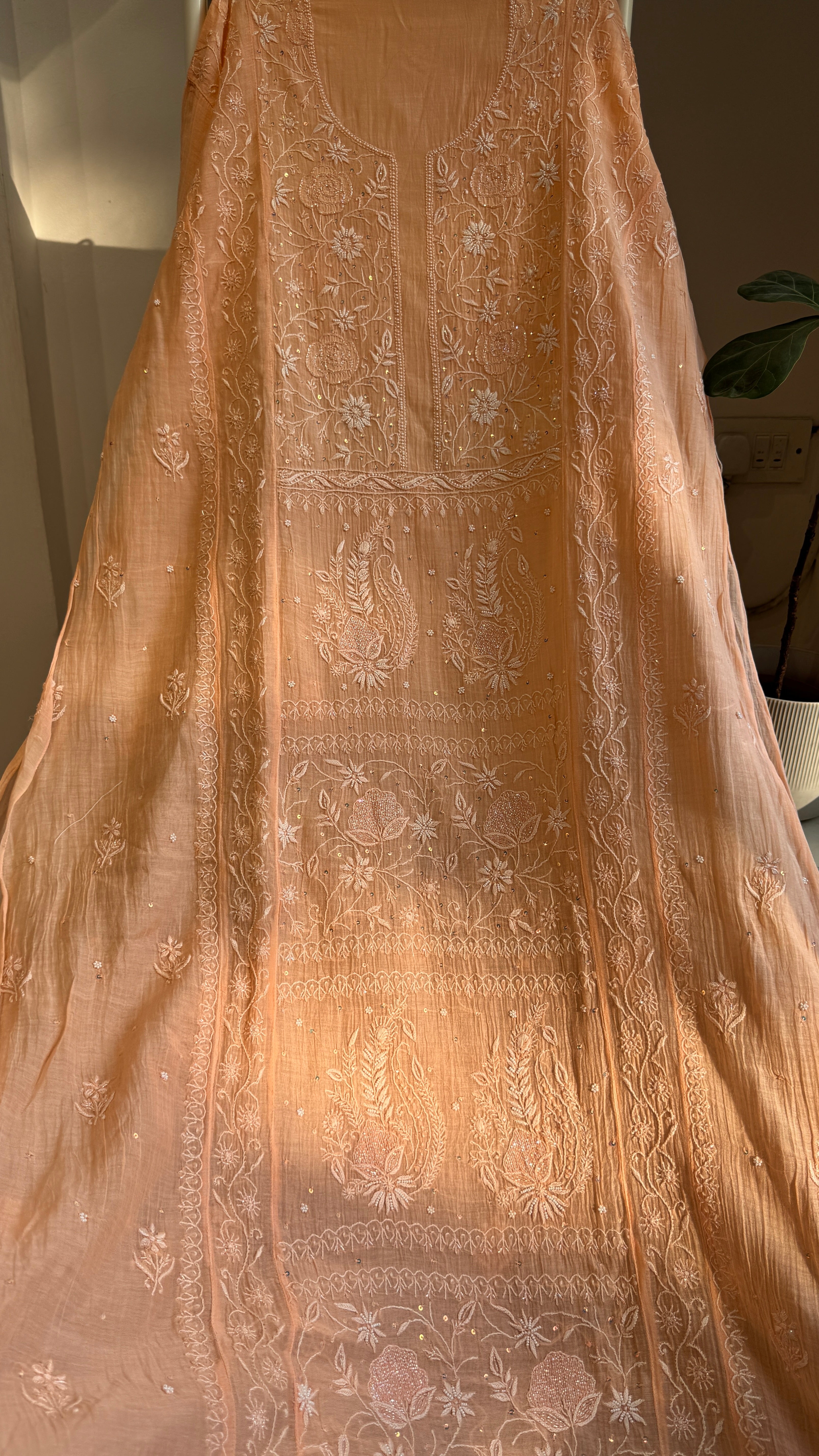 Mul Chanderi Chikankari Anarkali - Orange 2