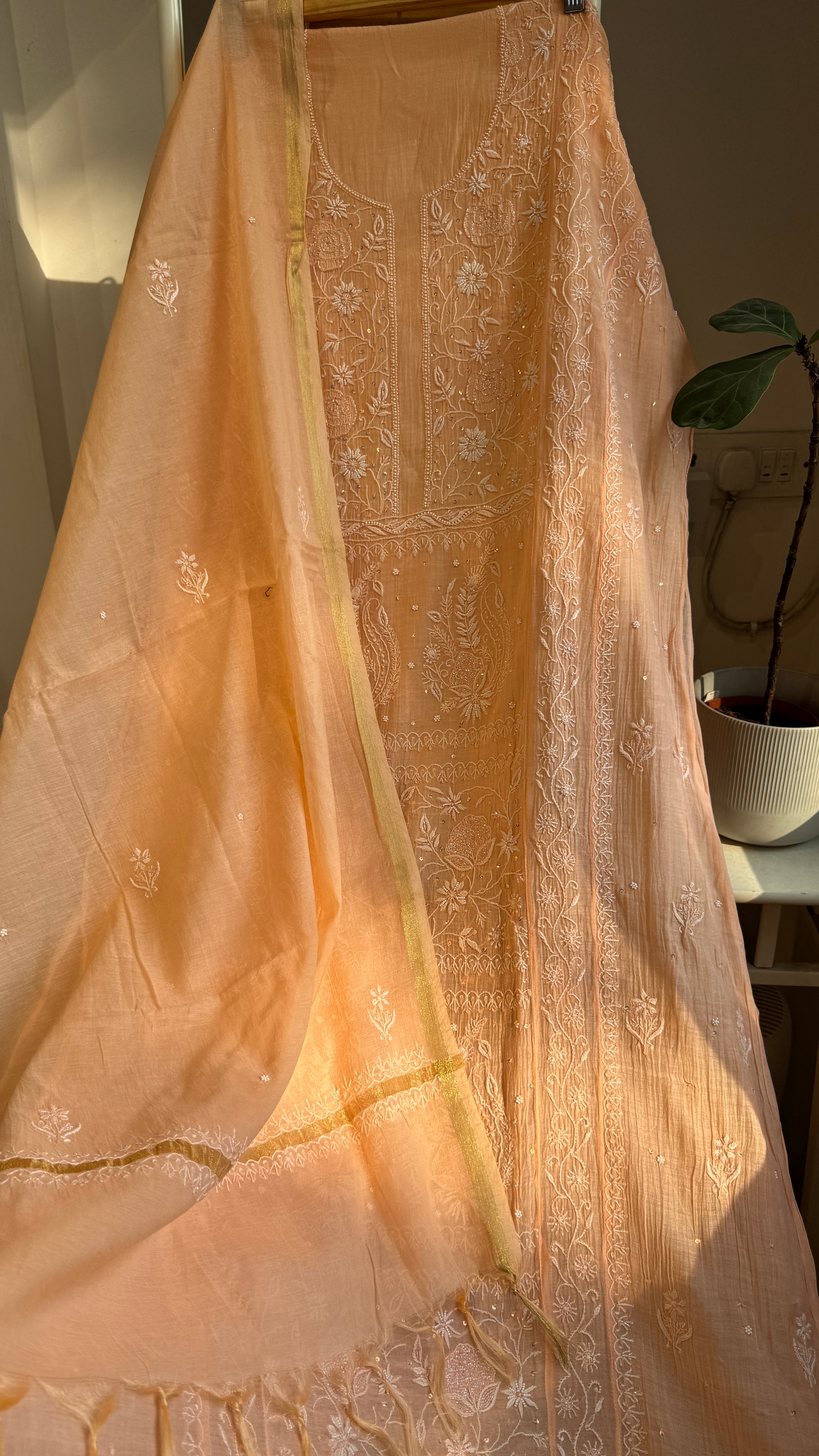 Mul Chanderi Chikankari Anarkali - Orange 2