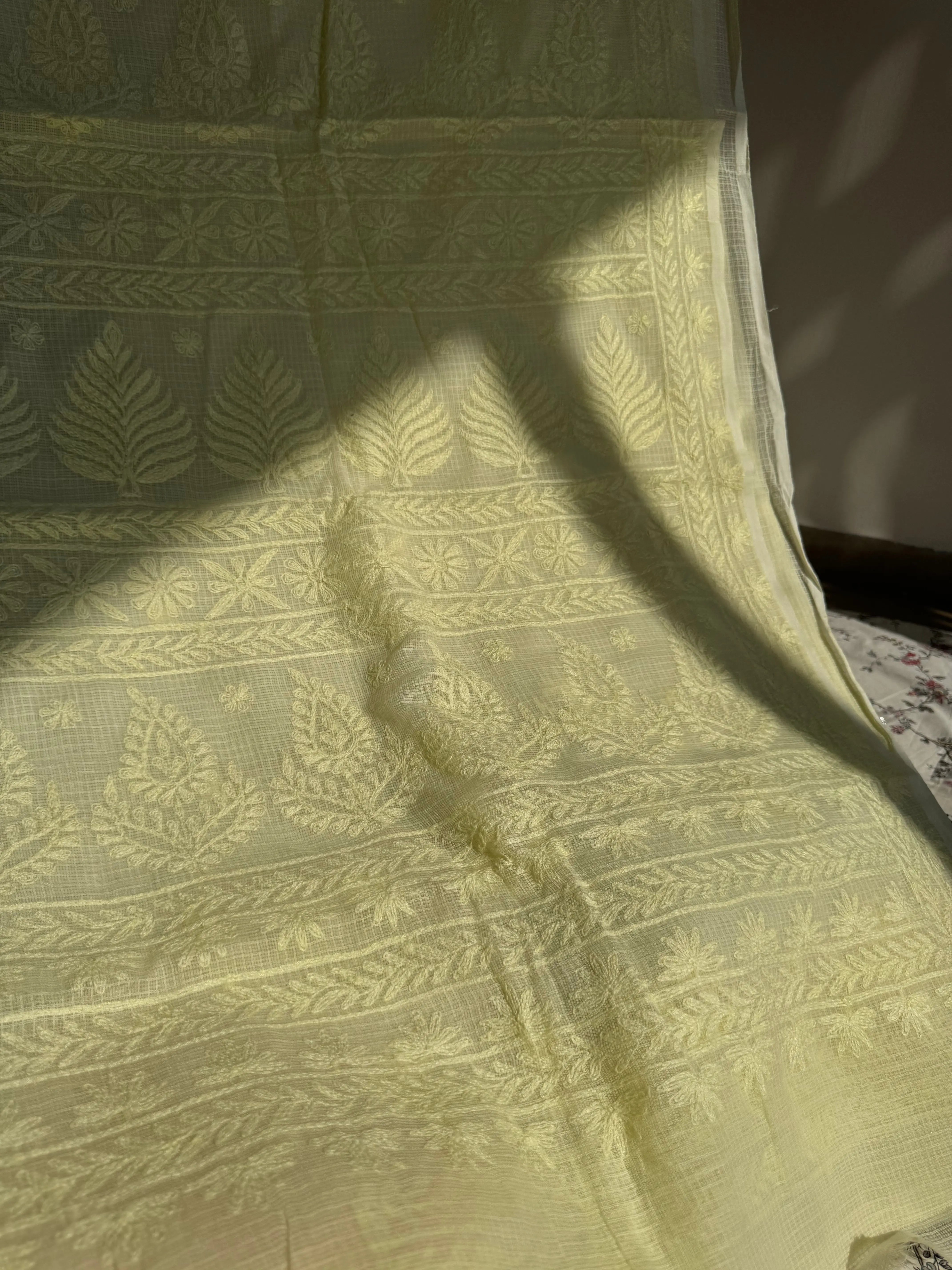 Kota Chikankari saree in Lemon Green ARIAA CHIKANKARI