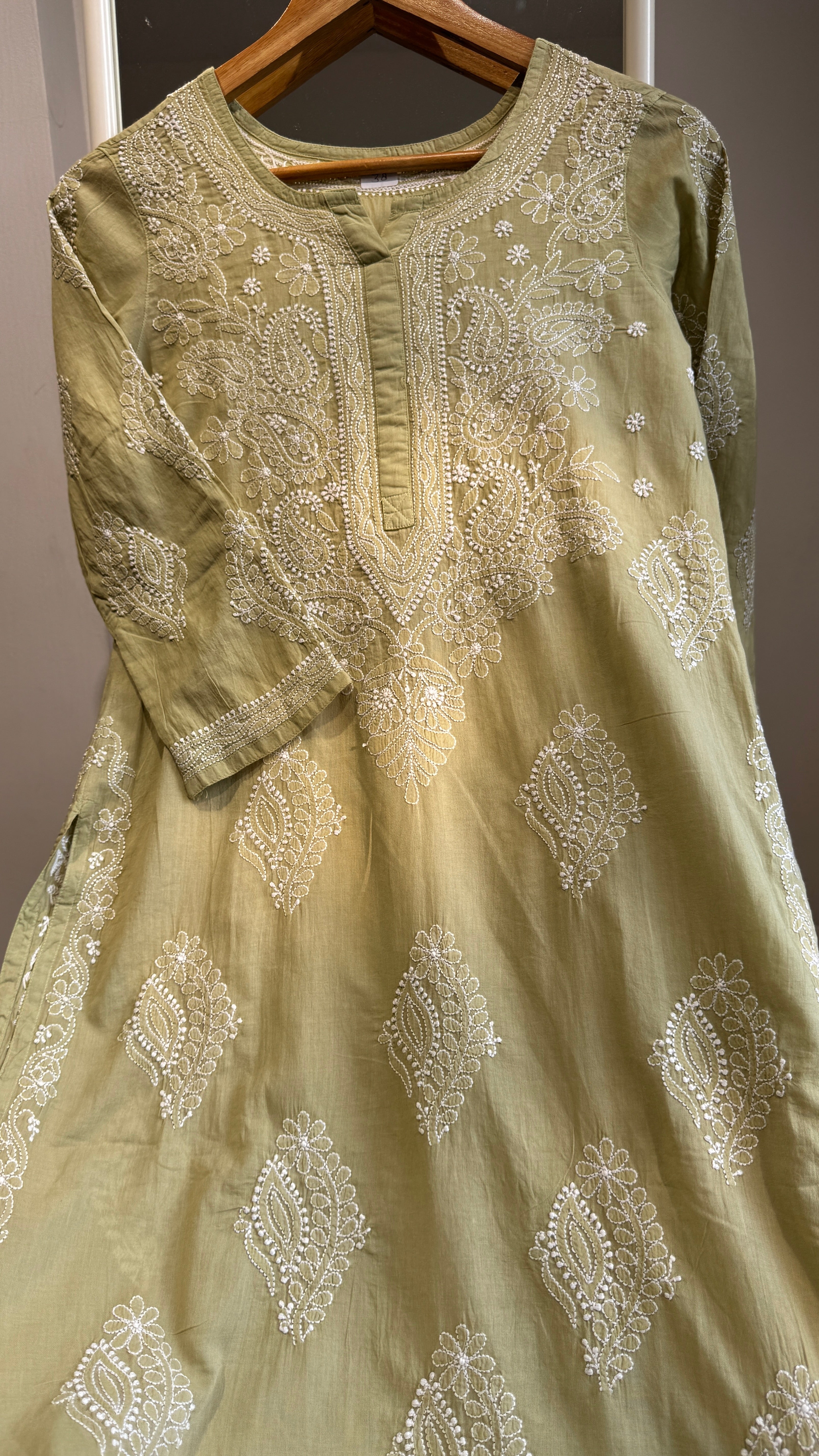 Mul Cotton Sheen Green Chikankari Kurti - Saaz Collection