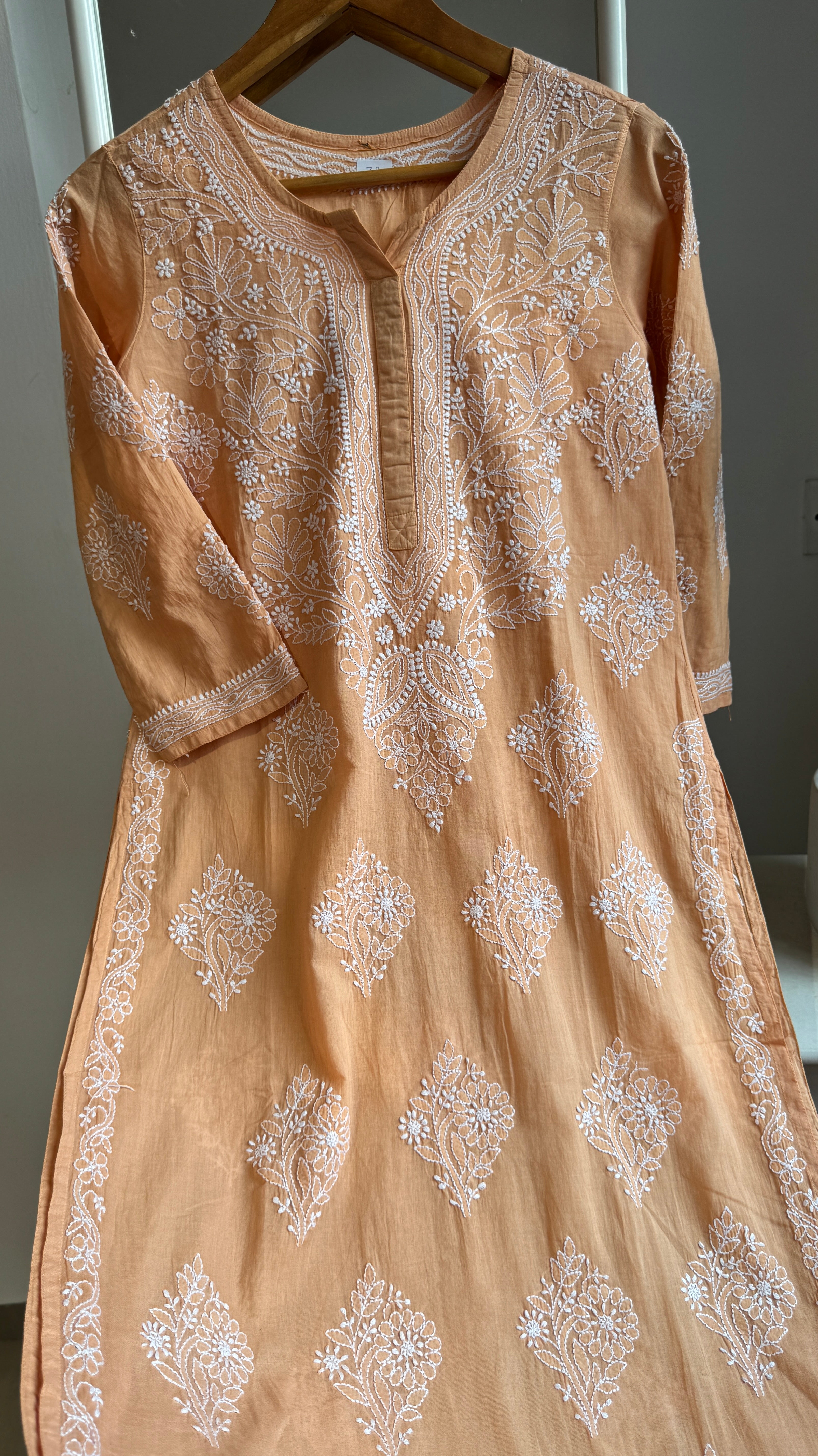 Mul Cotton Sunset Orange Chikankari Kurti - Saaz Collection