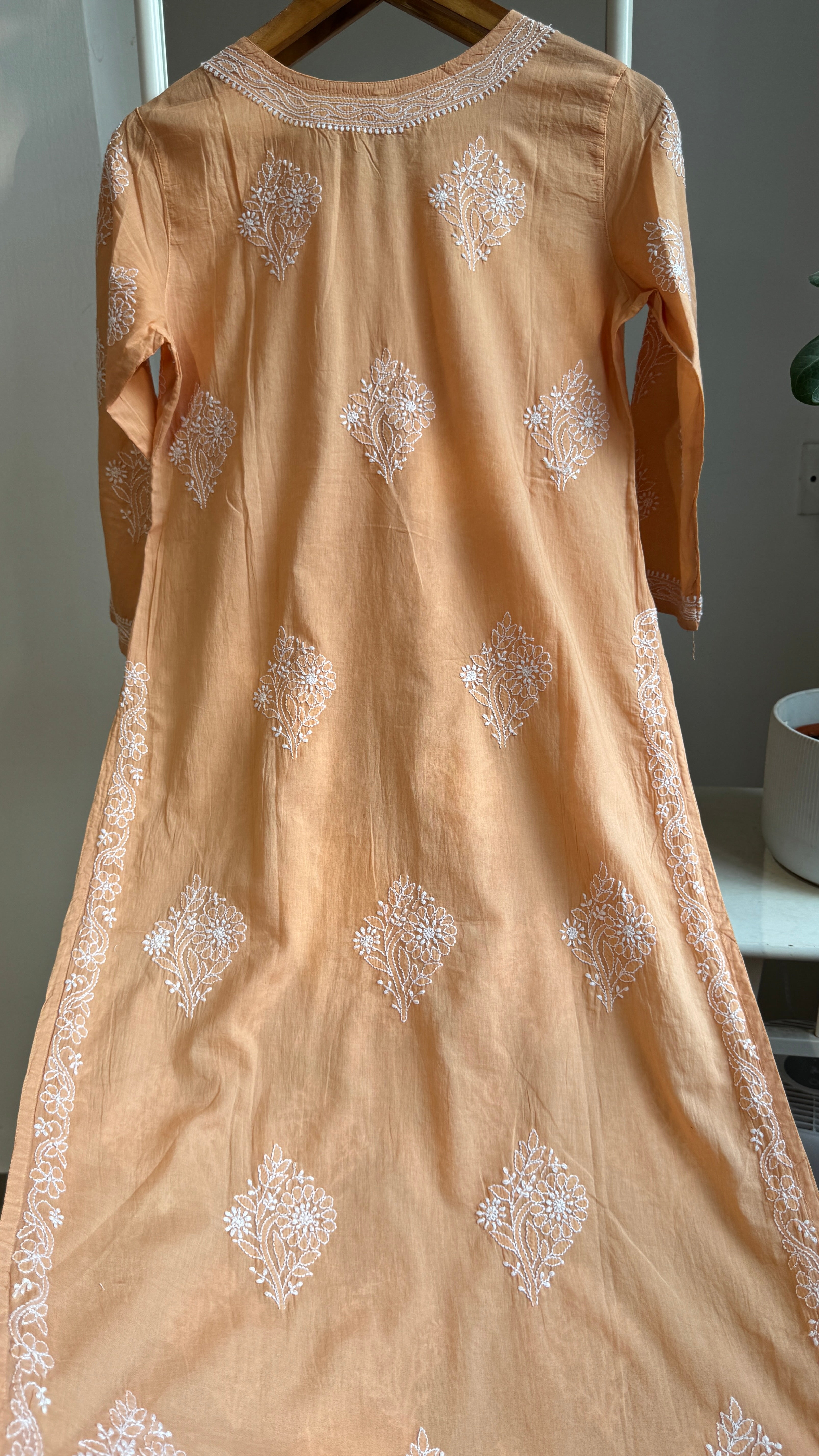 Mul Cotton Sunset Orange Chikankari Kurti - Saaz Collection
