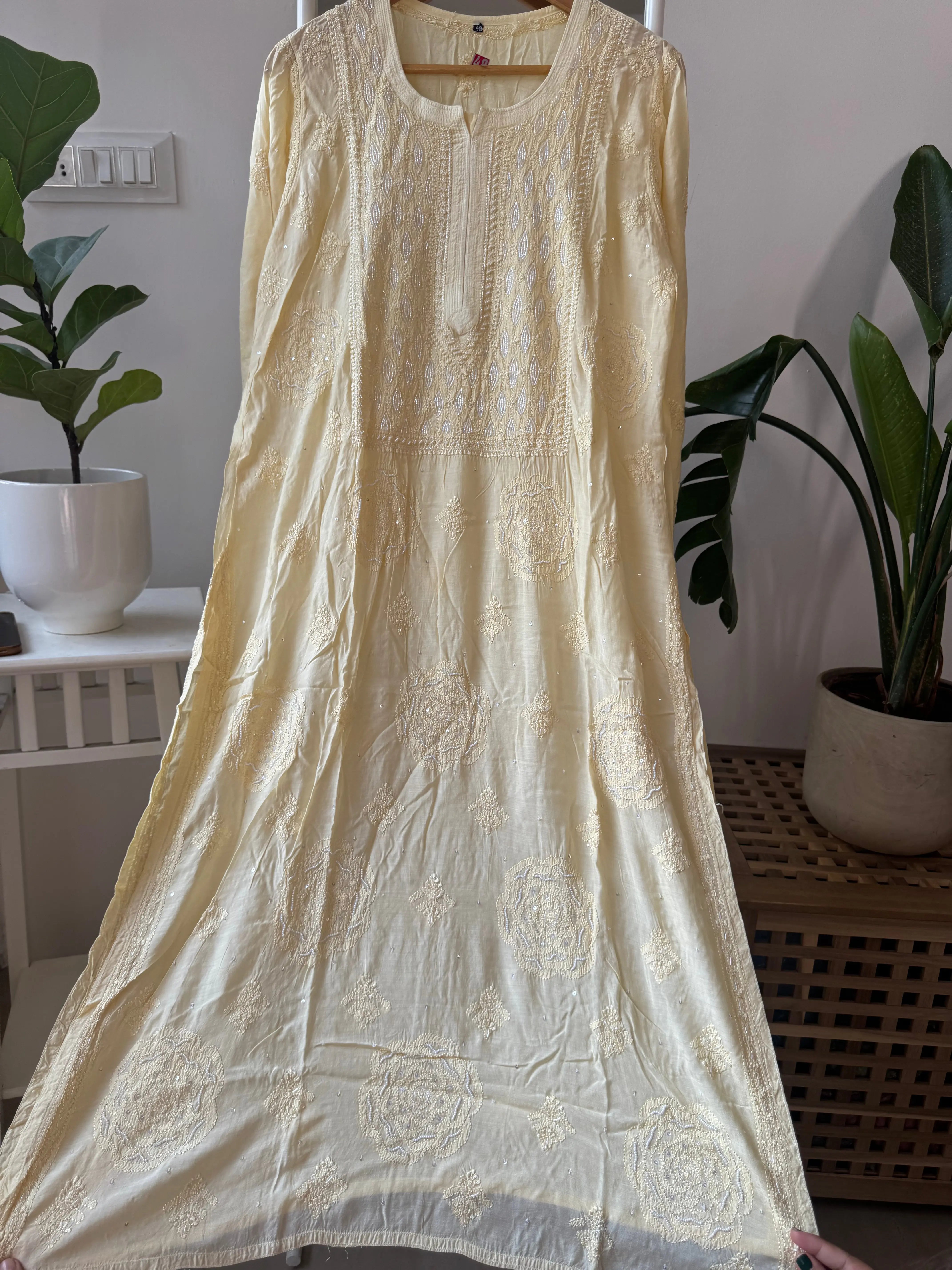 Muslin Chikankari Kurti with Pearl  Work - Cream ARIAA CHIKANKARI