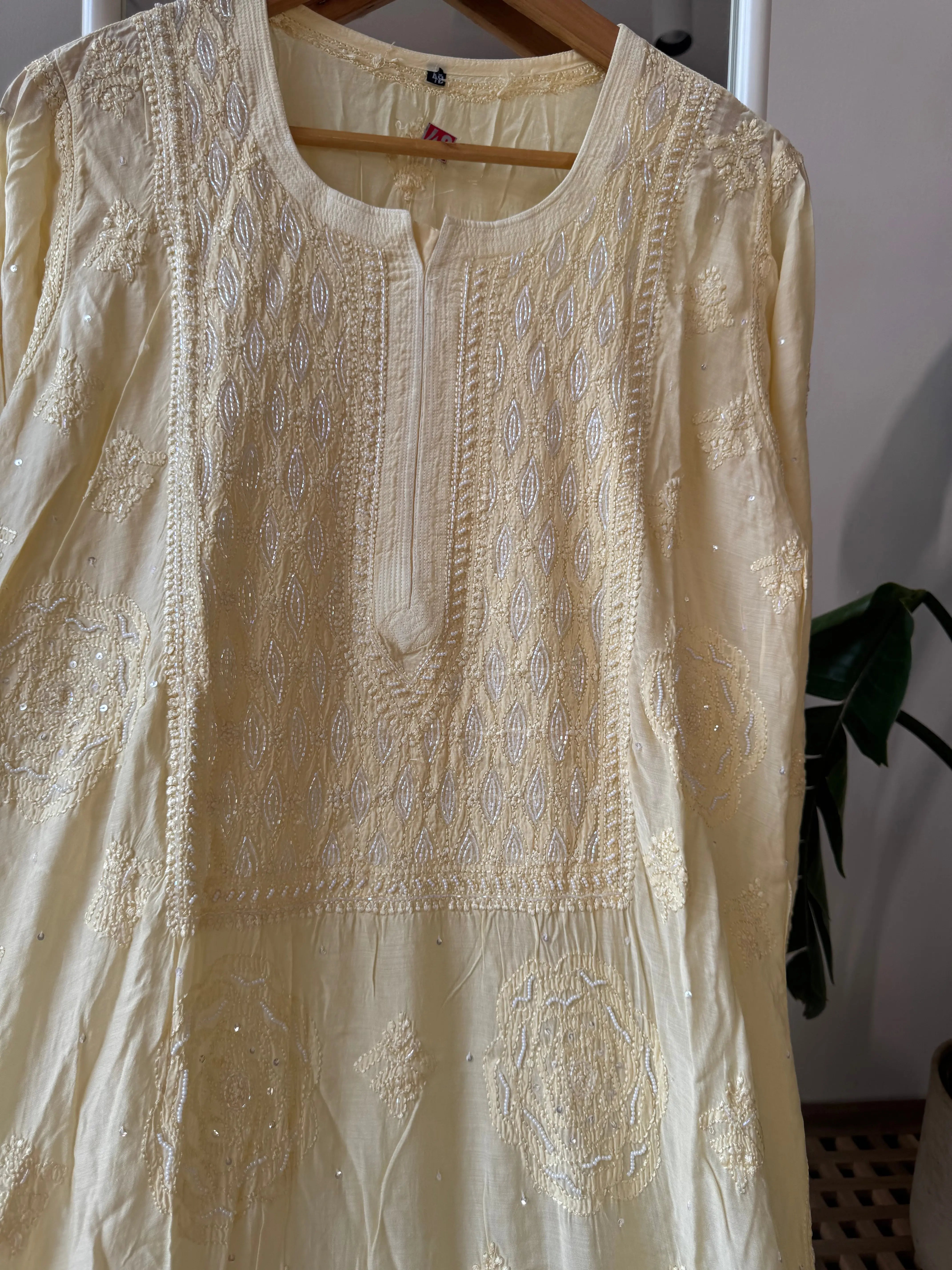 Muslin Chikankari Kurti with Pearl  Work - Cream ARIAA CHIKANKARI